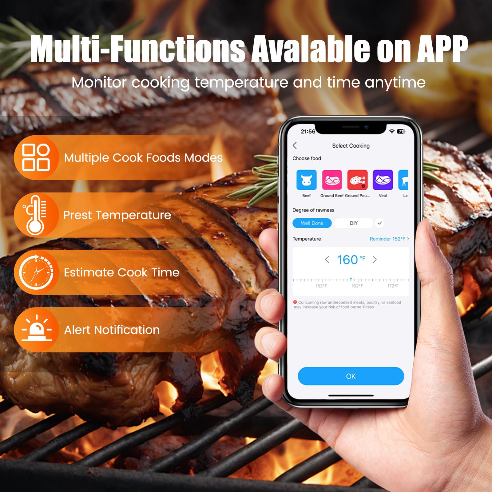 Portable Smart Wireless Meat Thermometer with Bluetooth & App Control - 500FT Range for Kitchen, BBQ, Smoker, Rotisserie, Gas Oven & Grill | Perfect for Indoor Cooking, Outdoor Grilling & Professional Chefs