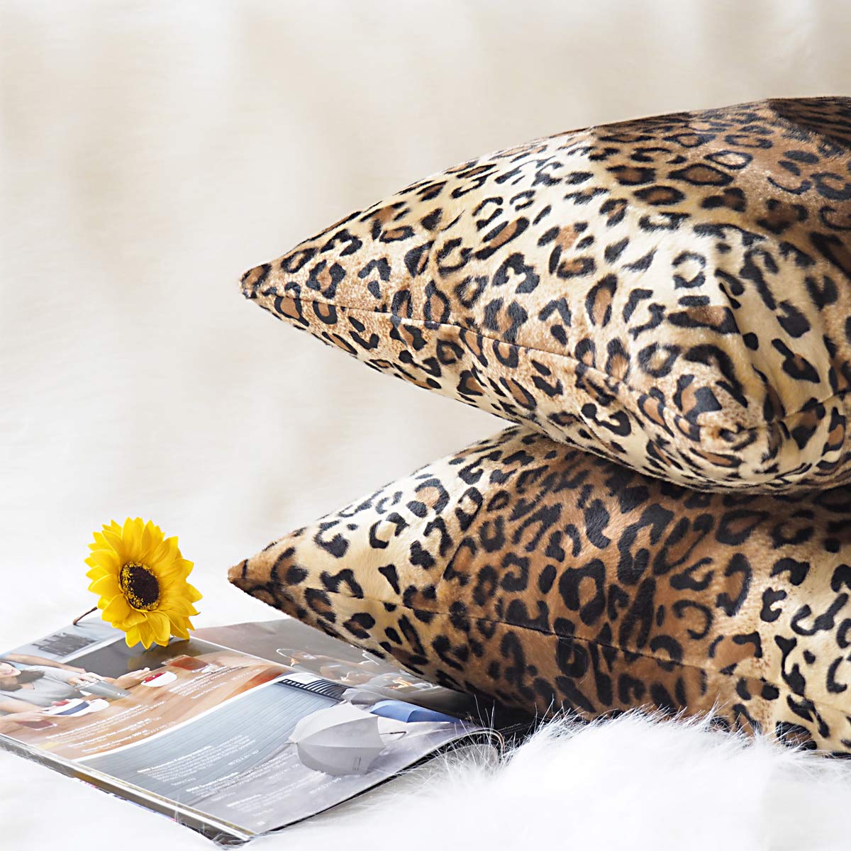 CARRIE HOME Soft Plush Leopard Print Faux Fur Decorative Throw Pillow Covers Set of 2 (18x18 Inches) - Cozy Couch & Sofa Accent Pillows for Living Room, Bedroom Decor - Perfect for Home Styling and Gift Giving