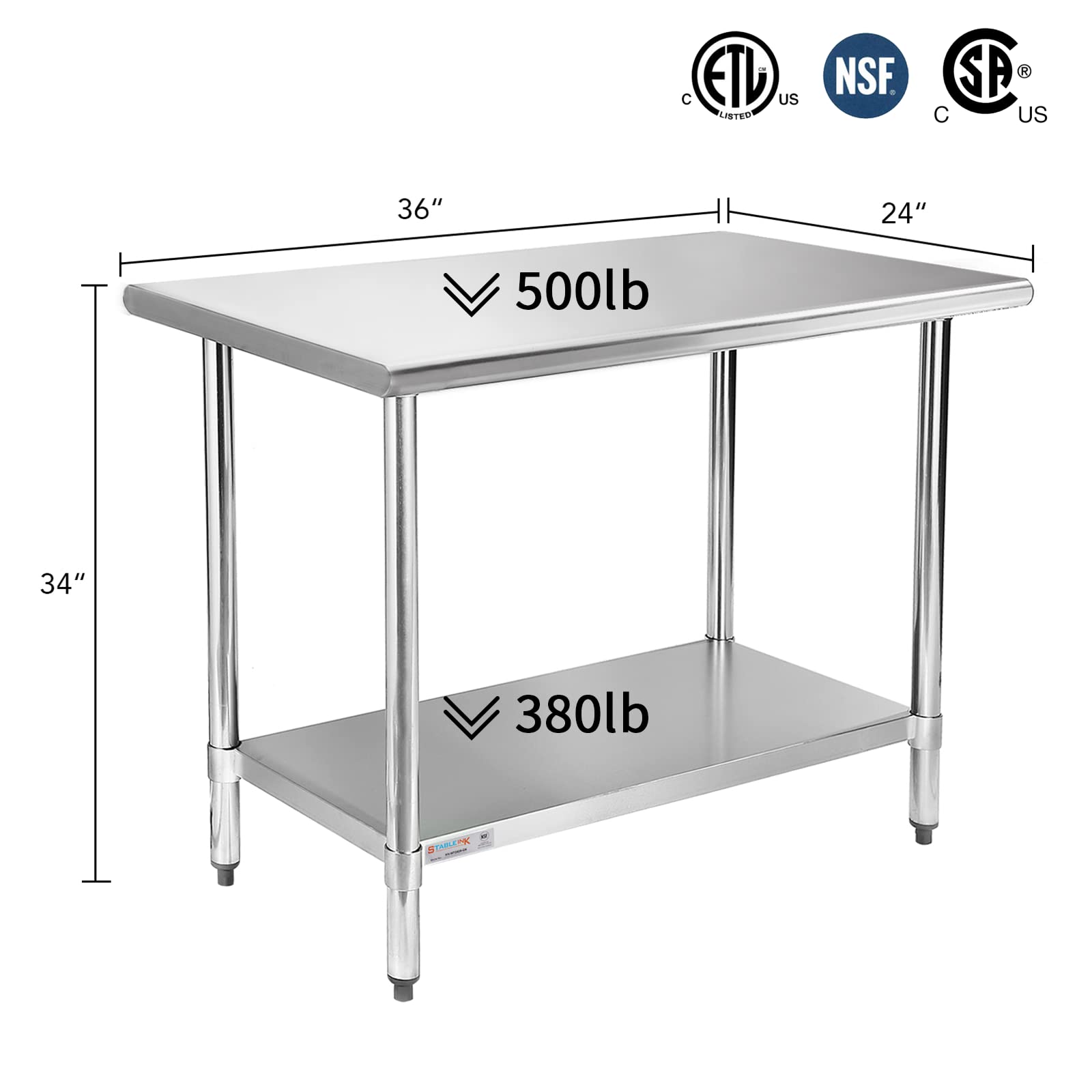 STABLEINK NSF Stainless Steel Work Table 24x36 Inches - Commercial Grade Metal Prep Table with Adjustable Undershelf for Kitchen, Restaurant, Hotel & Garage - Heavy Duty Stainless Steel Workstation for Food Prep, Cooking, Baking & Workshop Use