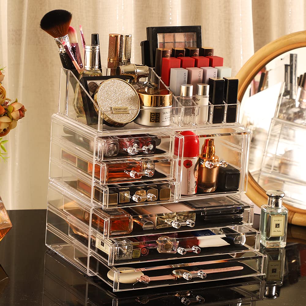 3-Pack Clear Acrylic Makeup Organizer with 7 Stackable Drawers - Vanity Desk Organizer for Jewelry, Hair Clips, Skincare & Beauty Products - Perfect for Bedroom, Bathroom & Dressing Table Organization