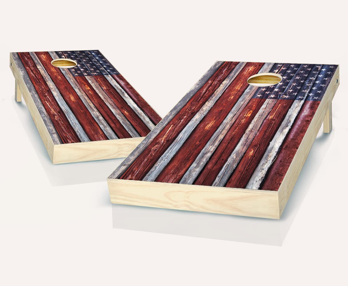 Skip's Garage Country Rustic American Flag Cornhole Board Set - 2 Boards & 8 Bags with Custom Accessories - Perfect for Backyard BBQs, Tailgating, and Outdoor Parties