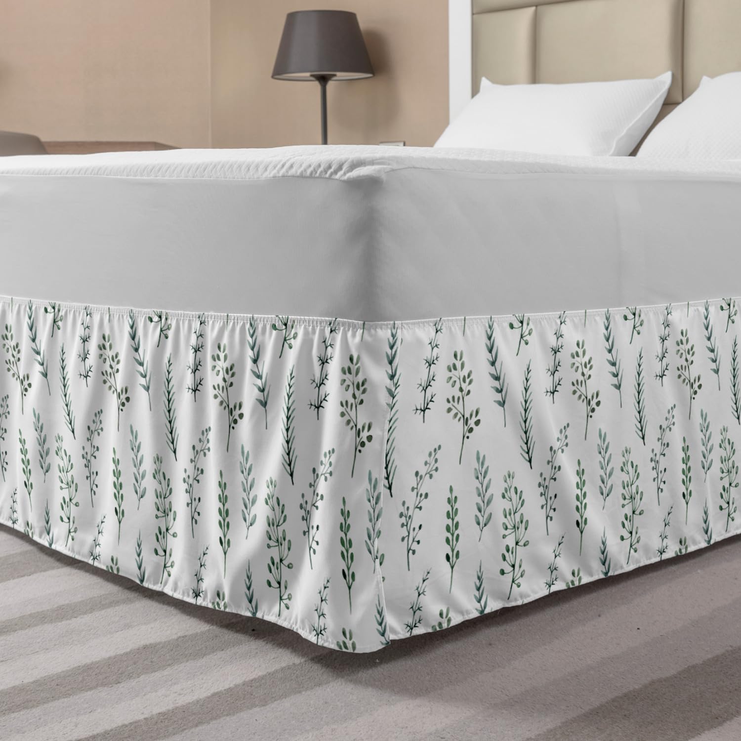 Ambesonne Elastic Bed Skirt - King Size Watercolor Botanical Leaf Design, Wrap Around Dust Ruffle for Bedroom Decor, Teal Multicolor - Perfect for Master Bedroom, Guest Room & Home Staging