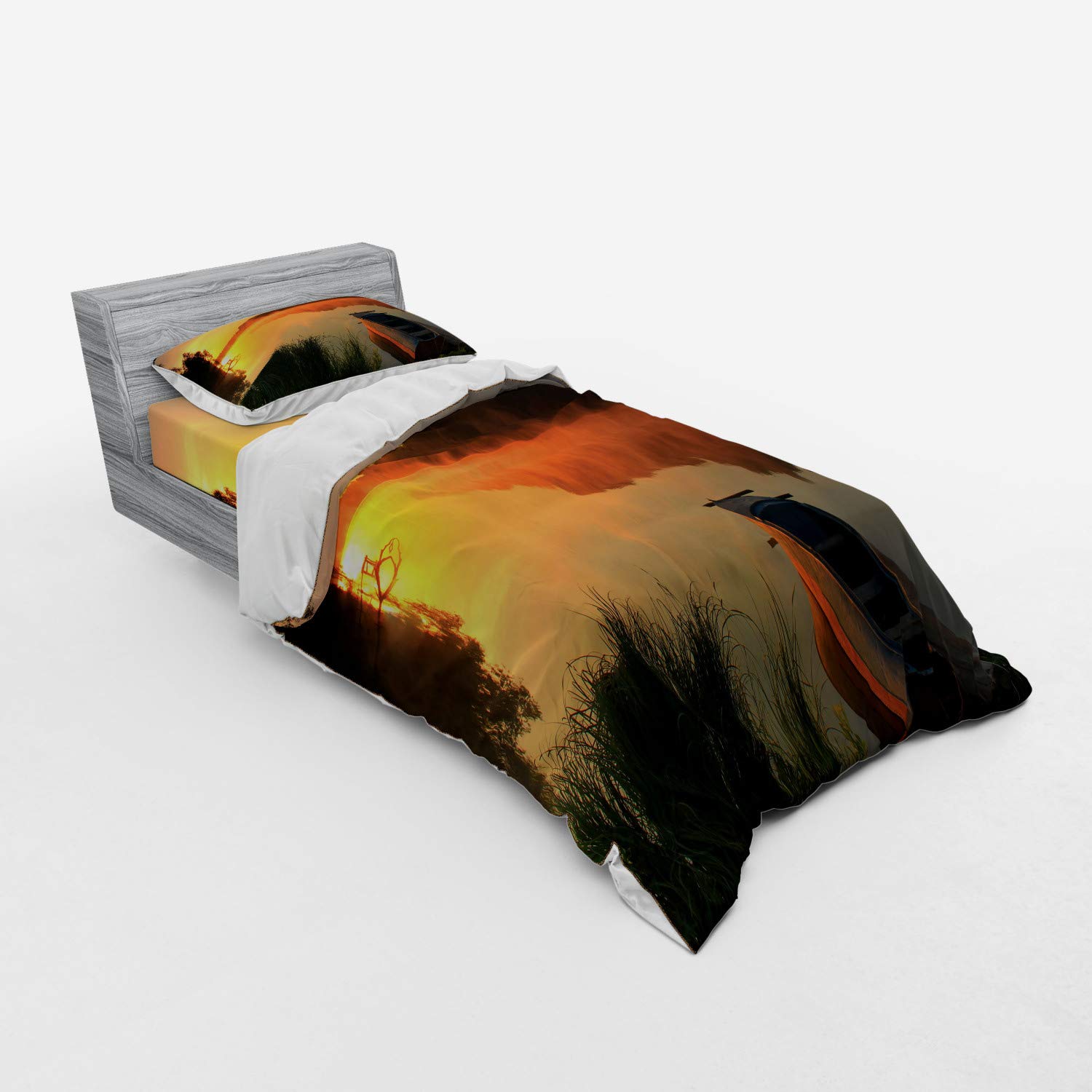 Ambesonne Lake Bedding Set - 3 Piece Duvet Cover with Sham & Fitted Sheet, Twin Size, Orange Dark Green Yellow, Summer Morning Fishing Theme with Misty Lake Shore Design | Perfect for Cozy Cabins, Lakeside Retreats & Nature-Inspired Bedrooms