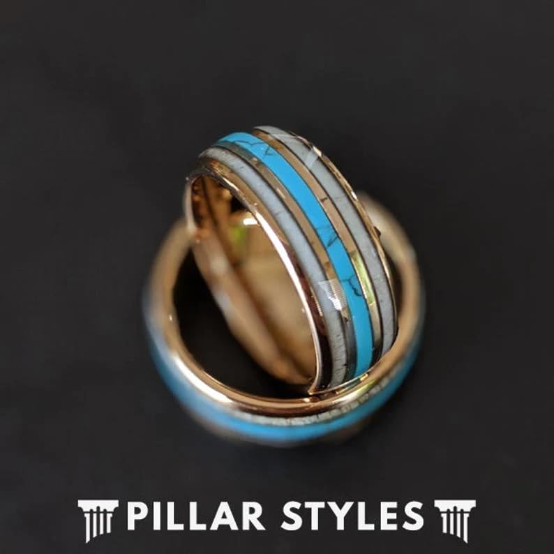 8mm Rose Gold Tungsten Wedding Band for Men with Deer Bone & Turquoise Inlays - Unique Nature Inspired Anniversary Ring - Perfect for Outdoor Enthusiasts, Rustic Weddings & Nature-Themed Gifts