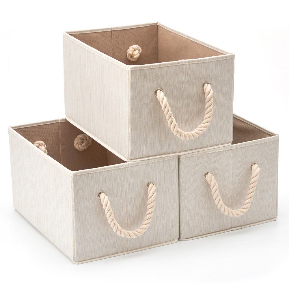 EZOWare Set of 3 Large Bamboo Fabric Storage Bins with Cotton Rope Handles - Collapsible Closet Organizer Baskets for Nursery, Kids Room, Bedroom & Home Organization (Beige) | Perfect for Toy Storage, Blanket Bins & Clothes Organization