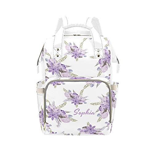 Custom Personalized Purple Watercolor Floral Diaper Backpack - Adjustable Shoulder Strap Nappy Bag for Moms, Baby Essentials Organizer with Multiple Pockets, Perfect Nursing Gift for New Parents (Baby Shower, Hospital, Travel & Daily Use)
