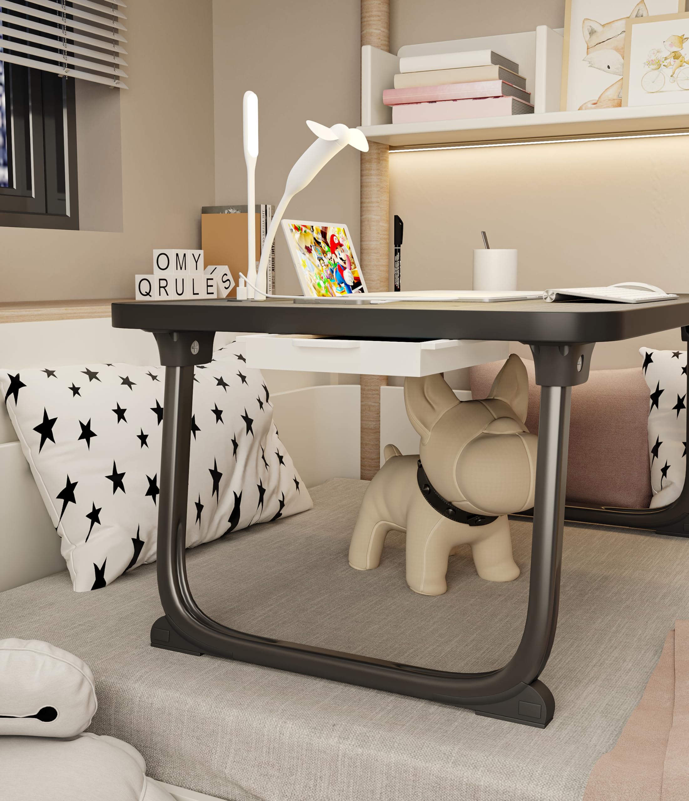 Foldable Laptop Desk with USB Charging Ports, LED Light & Storage Drawer - Portable Workstation for Bed, Sofa, Floor - Perfect for Home Office, Gaming & Remote Work