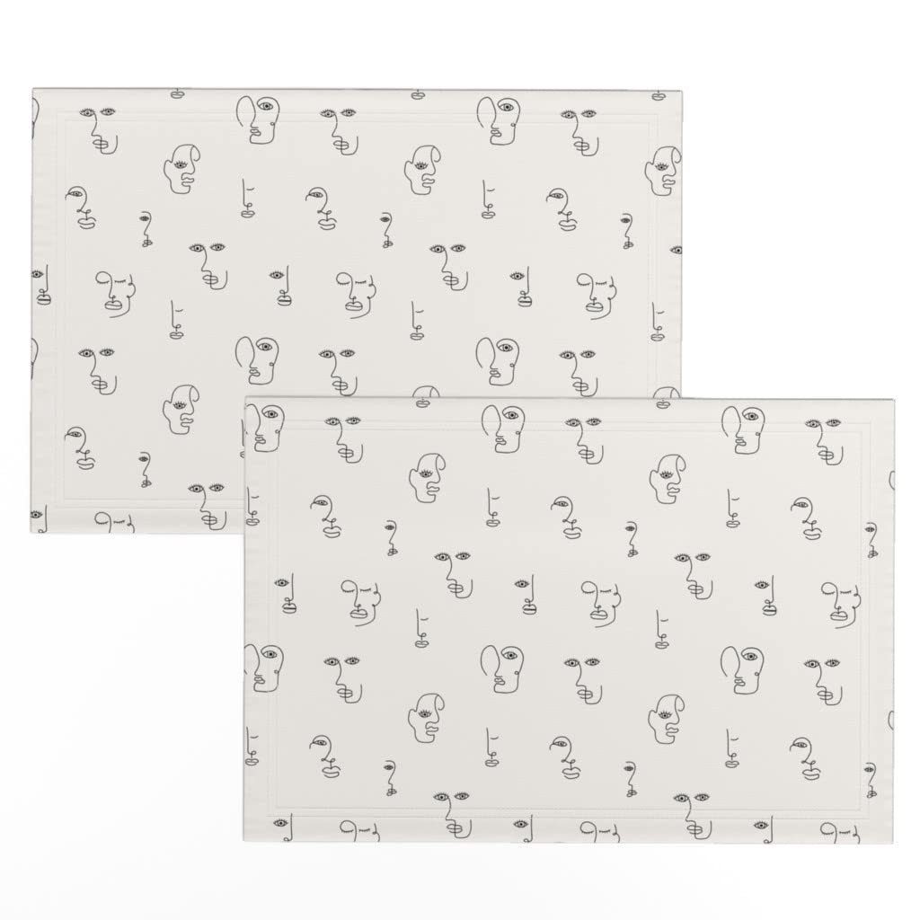 Minimalist Faces Line Drawing Ivory Abstract Art Print Linen Cotton Canvas Placemats (Set of 2) - Elegant Table Setting for Dining Room, Kitchen, or Party Decor