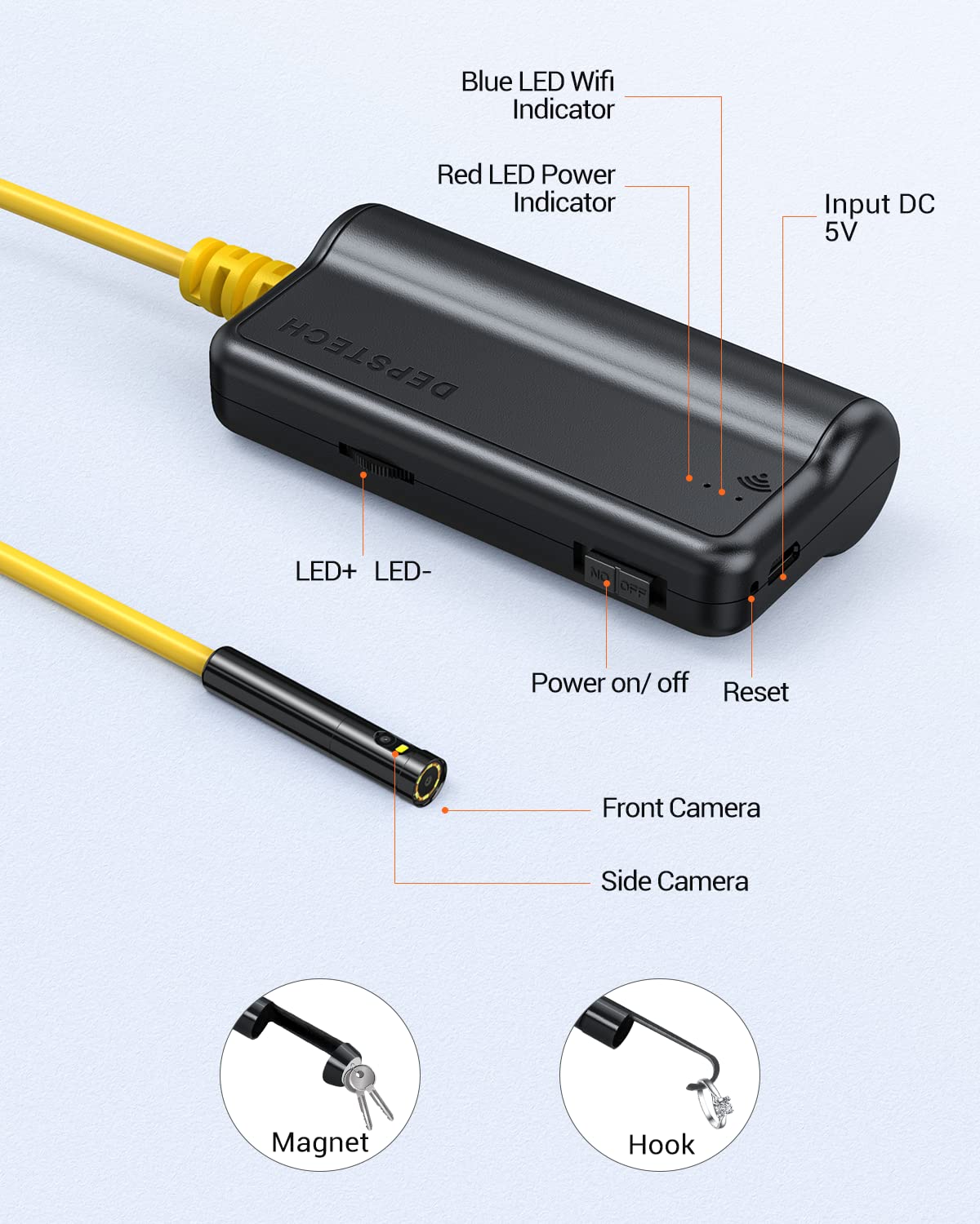 DEPSTECH Dual Lens Wireless Endoscope - 1080P HD Inspection Camera with 7 LED Lights, 0.31In Lens, IP67 Waterproof Borescope, 16.5FT Cable for Android & iOS Devices (Yellow) - Perfect for Plumbing, HVAC, Automotive & Home Inspection