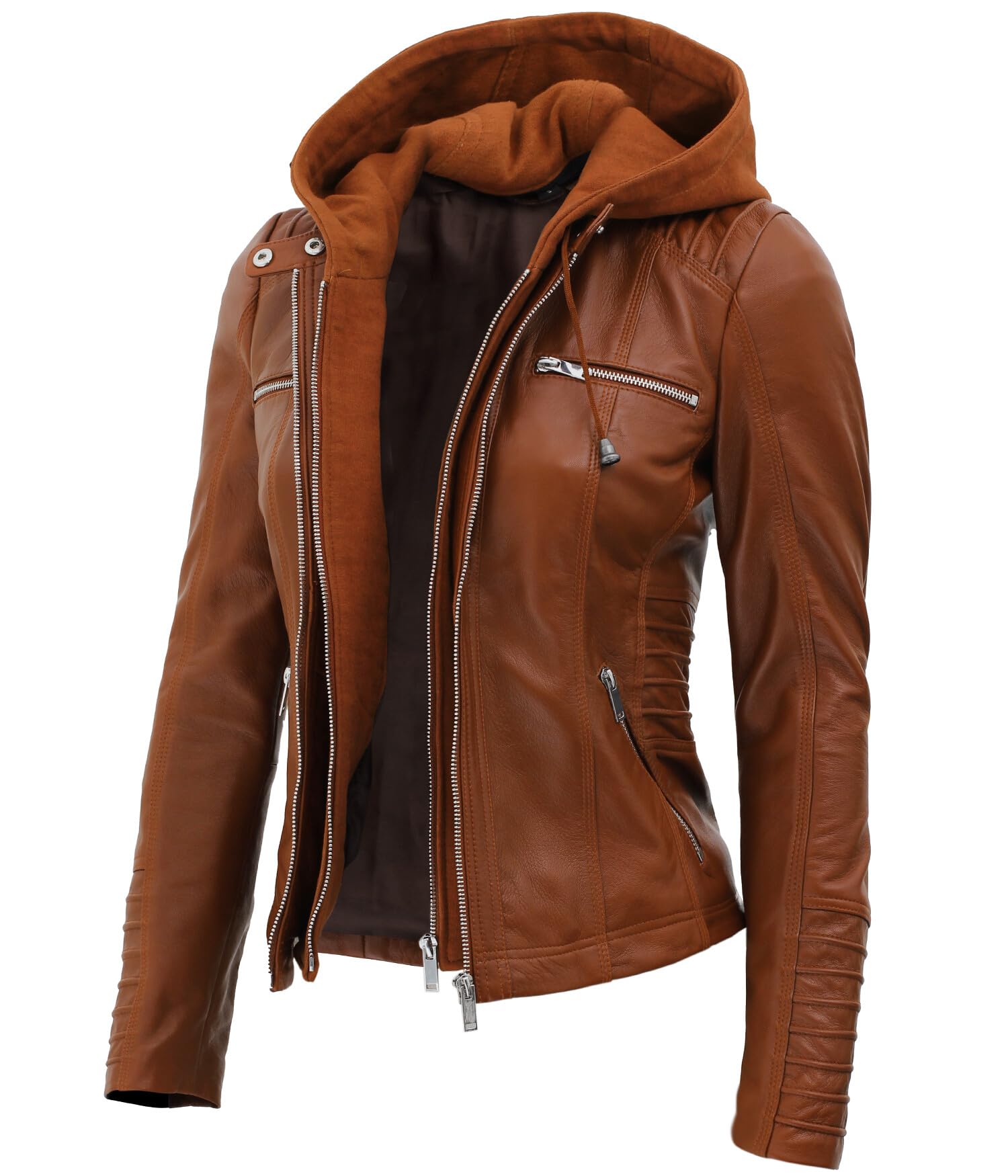 Genuine Lambskin Bomber Jacket for Women - Removable Hood, Stylish & Comfortable Leather Jacket - Perfect for Casual Outfits, Night Outs & Fall Fashion