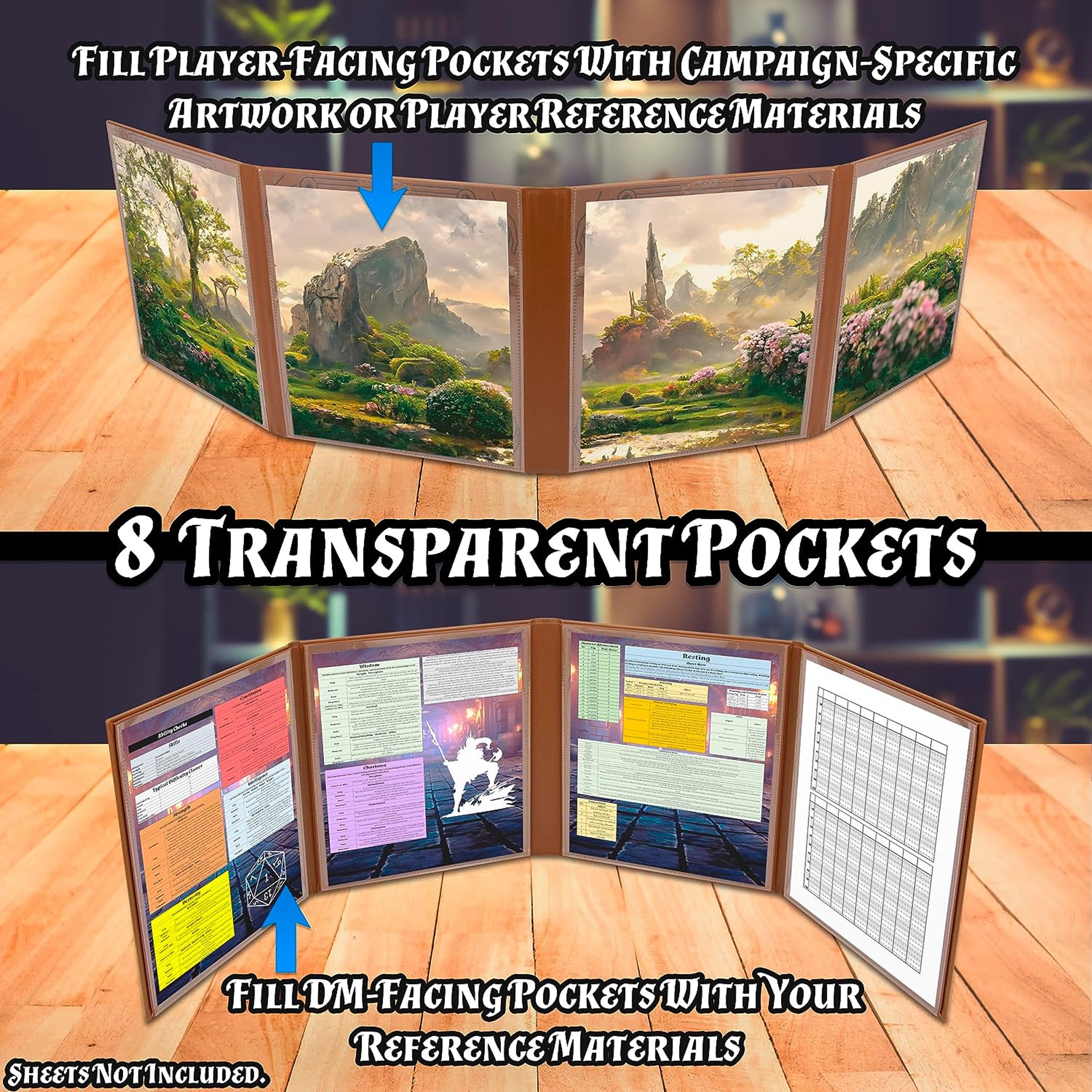 Premium Faux Leather Double-Sided DM Screen with 8 Pockets – Foldable Game Master Screen for Tabletop RPGs, D&D, and Role-Playing Games – Perfect for Dungeon Masters and Game Sessions (Inserts Not Included) – Ideal for Home Gaming, Conventions, and RPG Campaigns