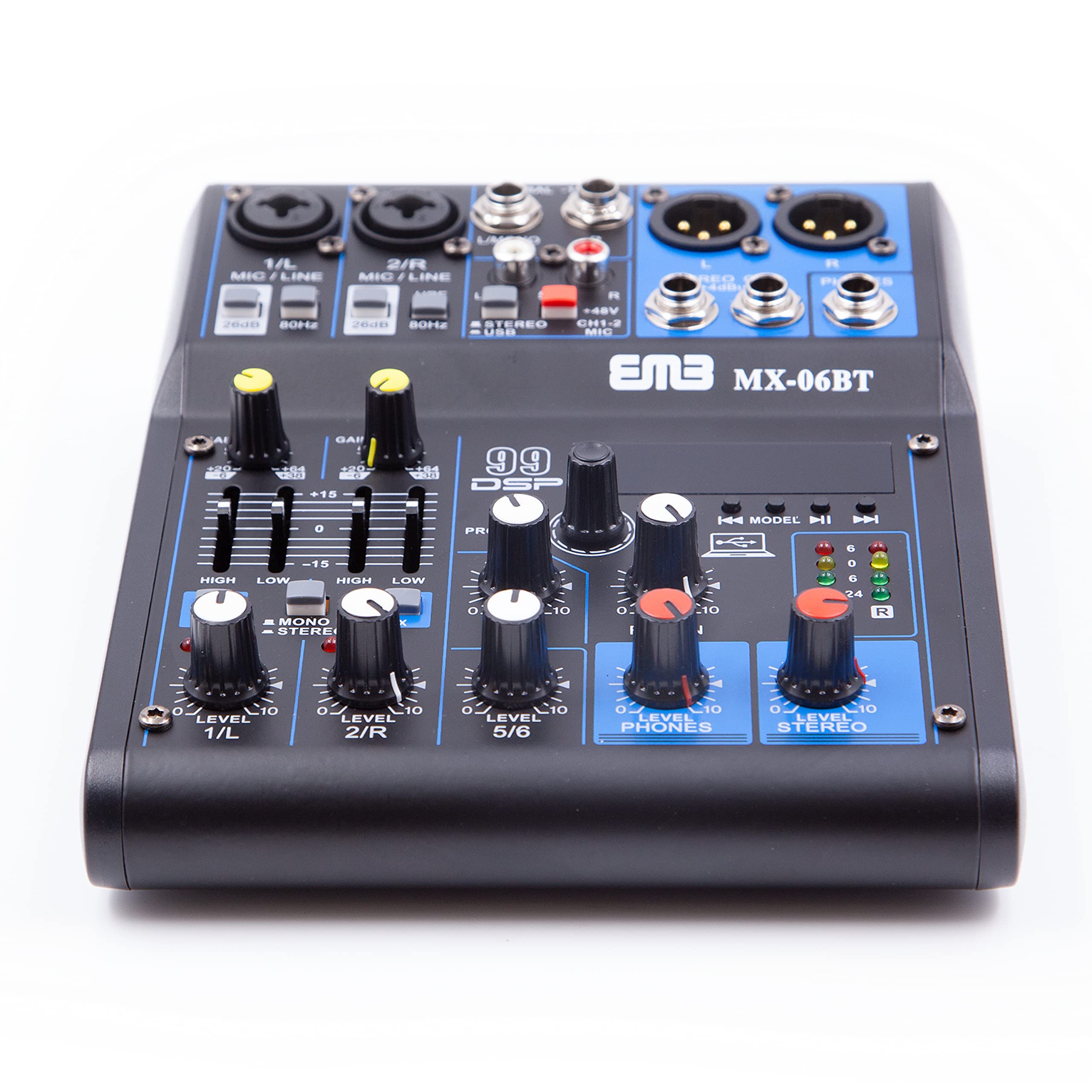 EMB MX06BT 99 DSP 6-Channel Professional Audio Mixer with Bluetooth - Studio & Live Sound Mixing Console for DJs, Bands & Podcasting