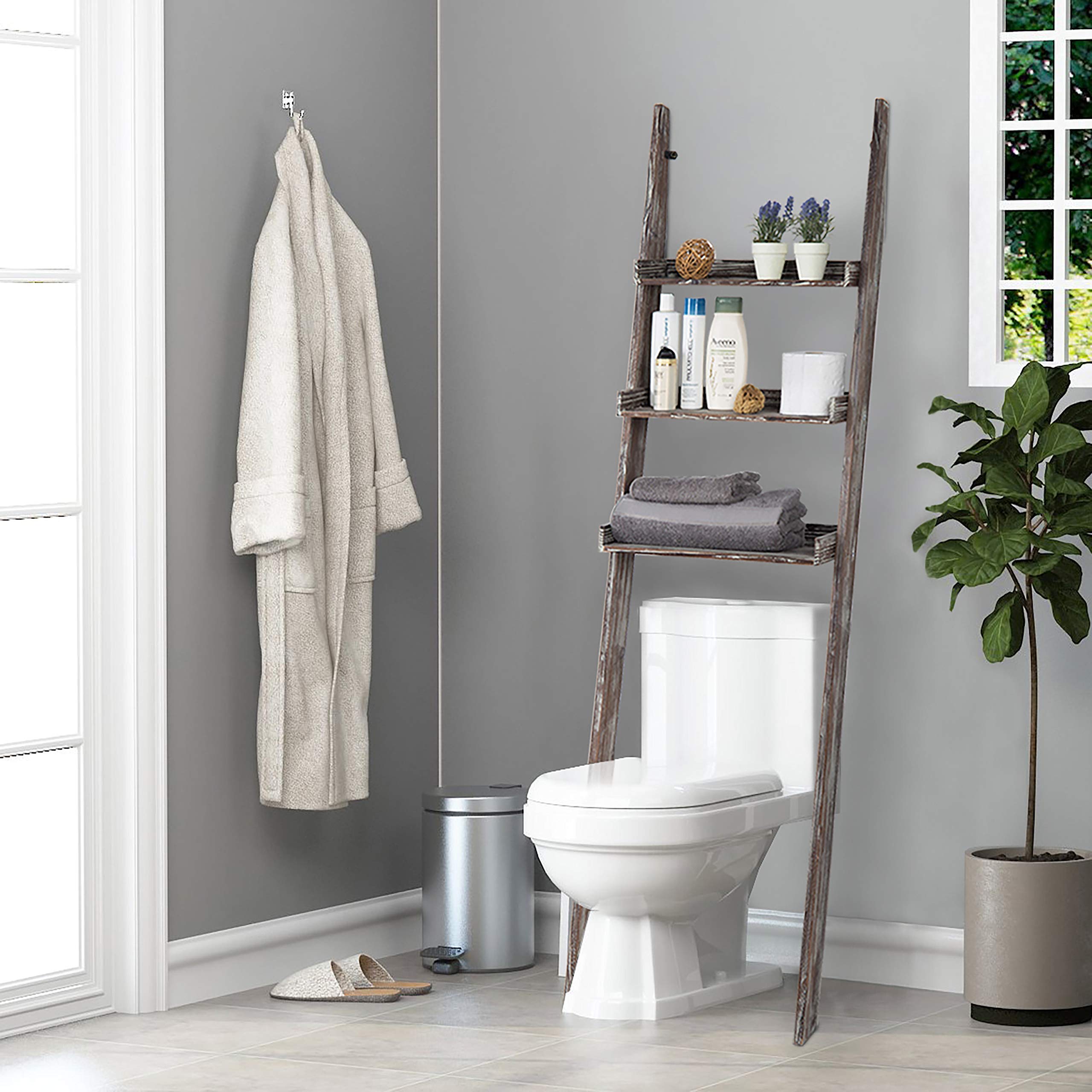 MyGift 3-Tier Over The Toilet Storage Shelf - Solid Torched Wood Wall Leaning Ladder Bathroom Organizer Rack for Small Spaces | Space-Saving Bathroom Storage Solution for Towels, Toiletries & Decor