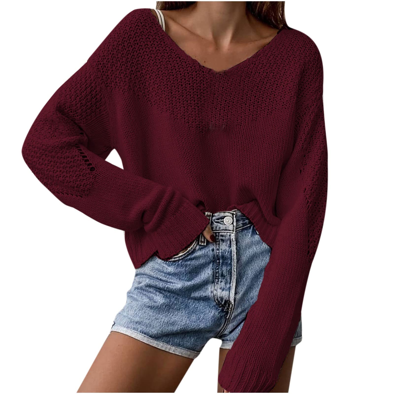 SCKARLE Women's Long Sleeve Knit Sweater - Casual Crewneck Pullover, Solid Color Loose Fit Cropped Top for Fall/Winter | Perfect for Office, Date Night & Weekend Outfits