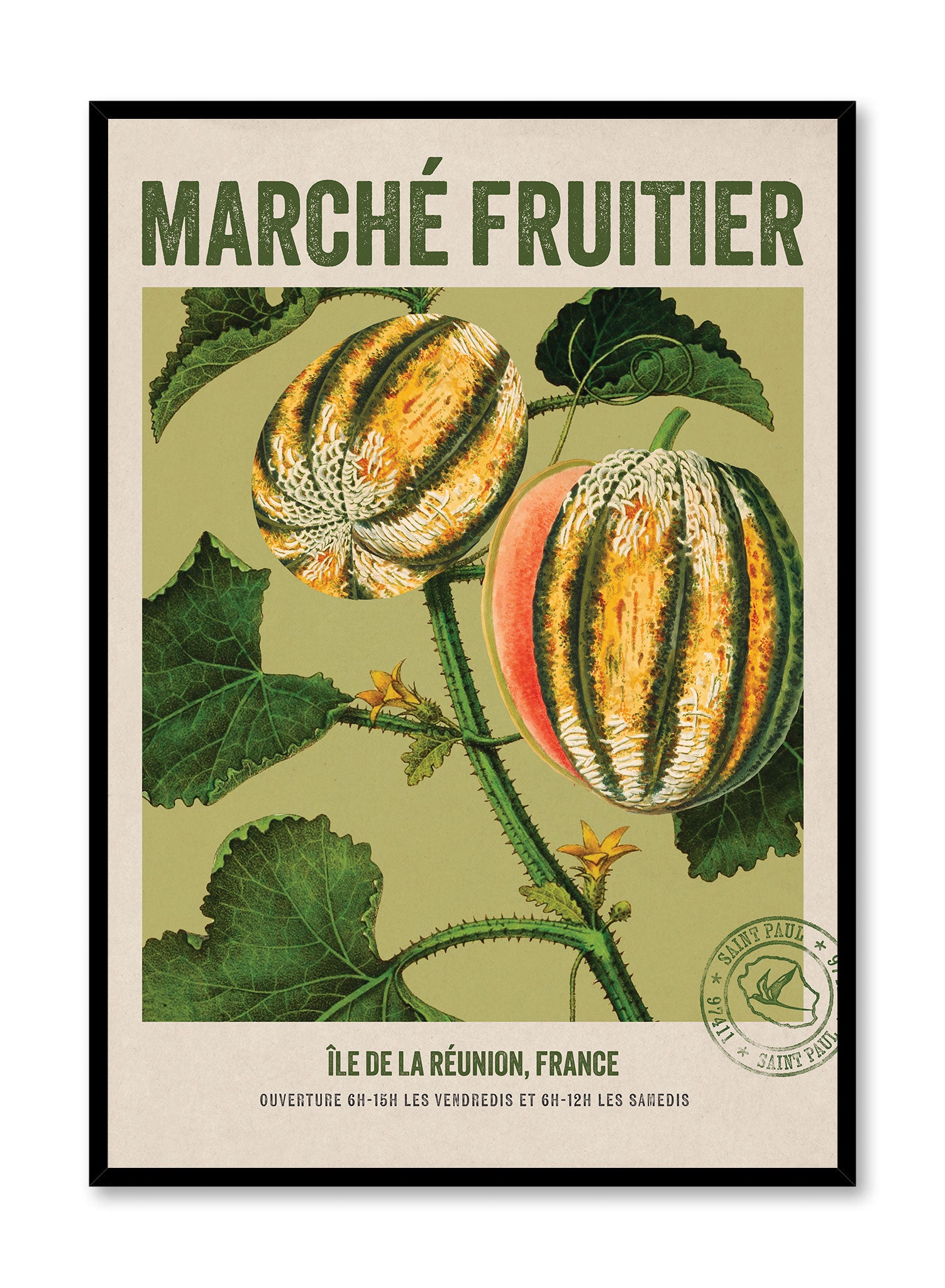 Reunion Island Fruit Market Poster - Tropical Fruits Wall Art Decor for Kitchen, Dining Room & Office