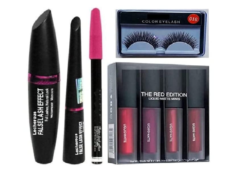 Seyblush Beauty Professional Waterproof Eyeliner, Mascara, Eyebrow Pencil & Liquid Matte Lipstick Set - 4 Piece Makeup Kit with 8 False Eyelashes | Perfect for Party, Wedding & Everyday Glam Looks