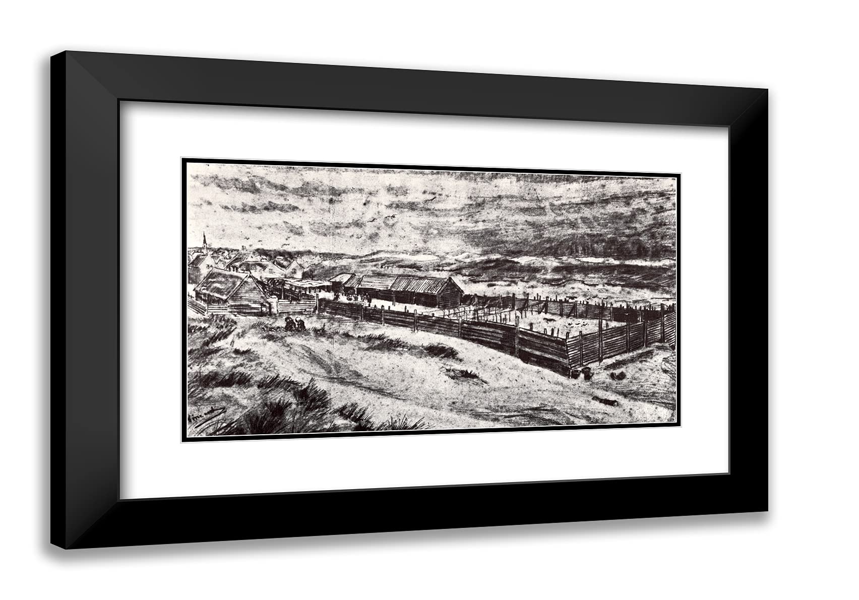 Van Gogh 'Fish Drying Barn' 24x17 Inch Black Modern Framed Art Print with Double Mat - Premium Wall Decor for Living Room, Bedroom & Office