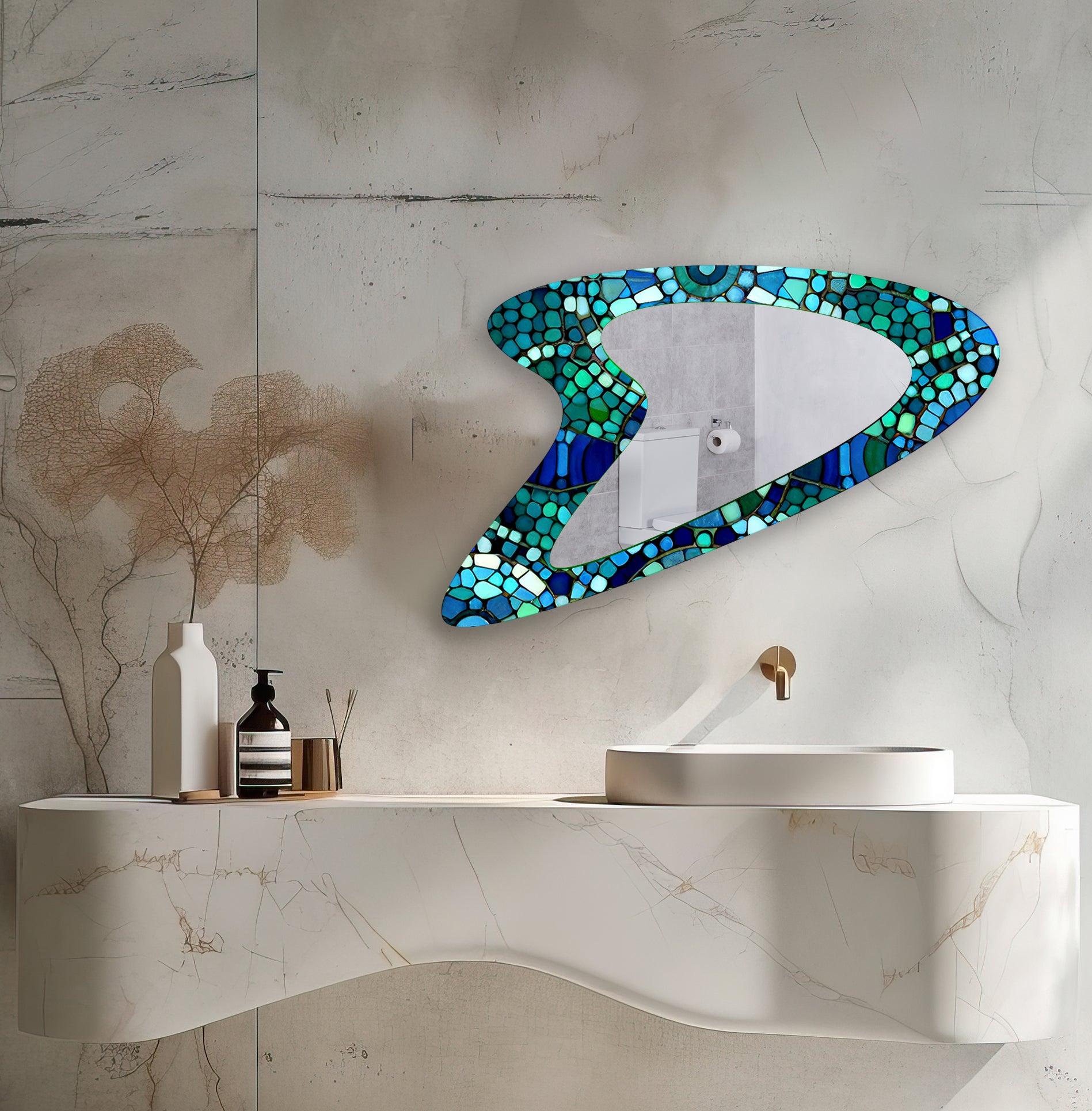 Blue & Green Decorative Mosaic Wall Mirror - Handcrafted Boho Style Bathroom & Bedroom Decor - Perfect for Vanity, Entryway & Living Room Accent Wall