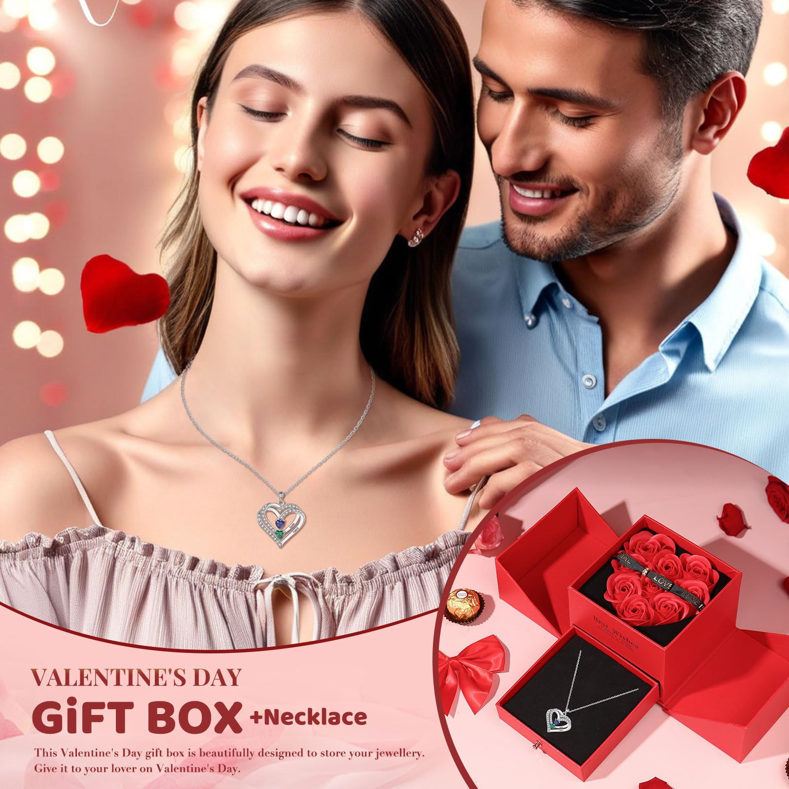 Valentine's Day Gifts for Her - Rose Gold Heart Birthstone Necklace for Women, Personalized I Love You Jewelry for Wife, Mom, Girlfriend | Romantic Birthday Gift, Anniversary Present for Her | Perfect for Date Nights, Weddings & Special Occasions