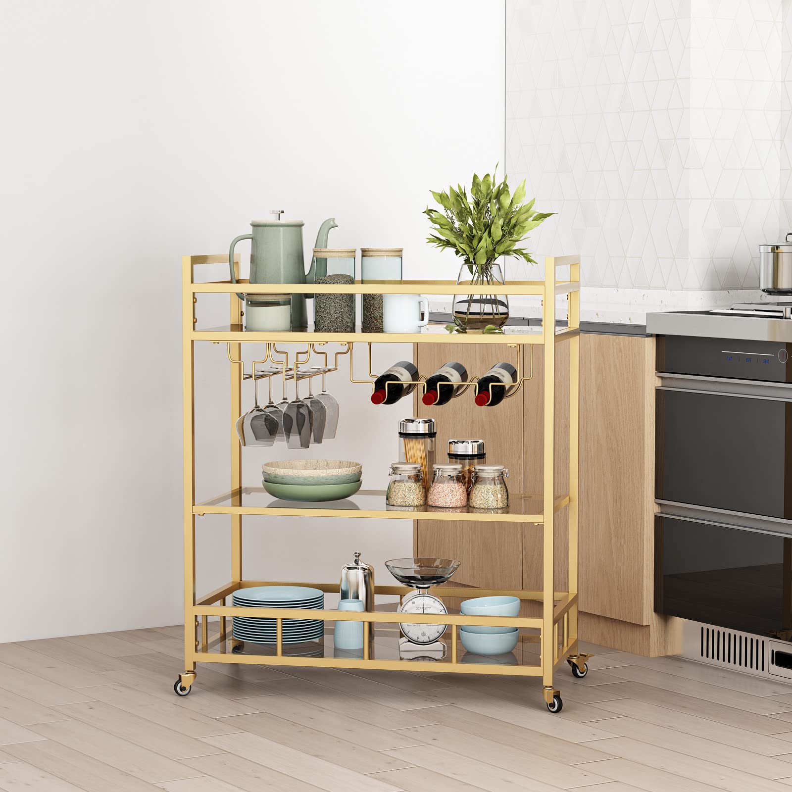 3-Tier Gold Rolling Bar Cart with Bottle Storage & Wine Glass Holder - Mobile Serving Cart for Indoor & Outdoor Use, Perfect for Parties, Patios & Kitchen Entertaining