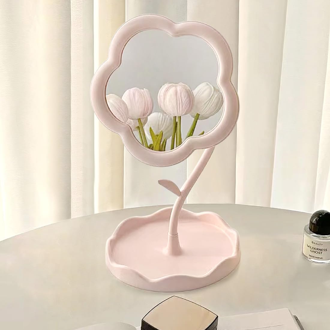 **Elegant Pink Flower-Shaped Vanity Mirror - Perfect for Bedroom, Living Room & Minimalist Spaces - Desk Makeup Mirror & Home Decor Accessory**    *(Ideal for Applying Makeup, Enhancing Room Aesthetics, and Adding a Feminine Touch to Your Space)*