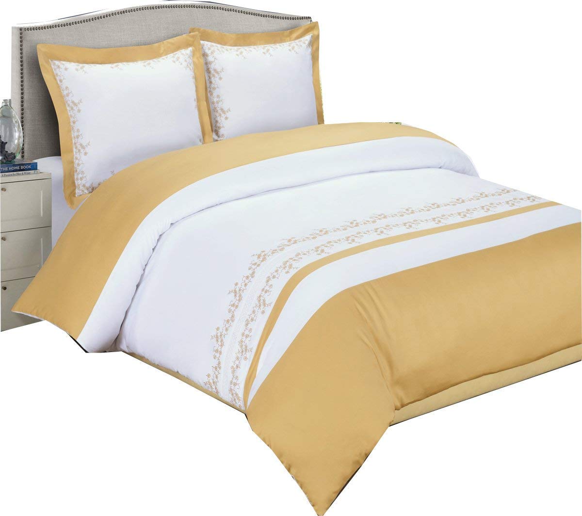 Royal Hotel Luxury Gold & White Amalia 4-Piece Full/Queen Embroidered Comforter Set - 100% Premium Cotton, 300 Thread Count - Perfect for Master Bedroom, Guest Room & Luxury Hotel Decor