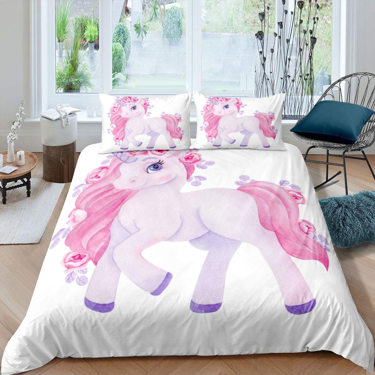 Pink Unicorn Bedding Set for Kids - Twin Size Cartoon Horse Duvet Cover with Comforter - Luxury Princess Style Bedspread (2PCS) - Perfect for Girls' Room Decor and Birthday Gifts