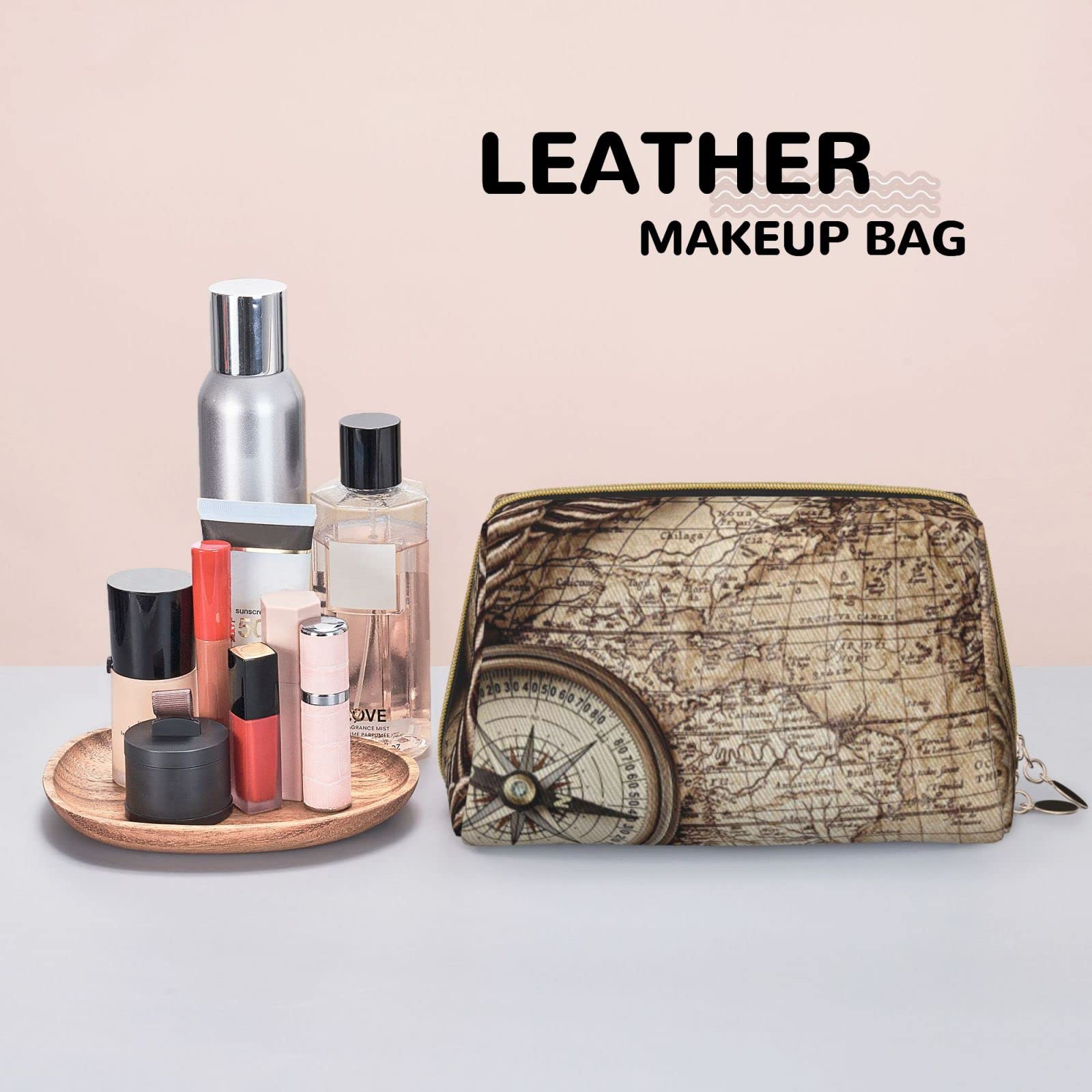 **Waterproof Leather Nautical Compass Makeup Bag – Large Capacity Travel Cosmetic Organizer for Women | Perfect for Travel, Gym & Daily Essentials**