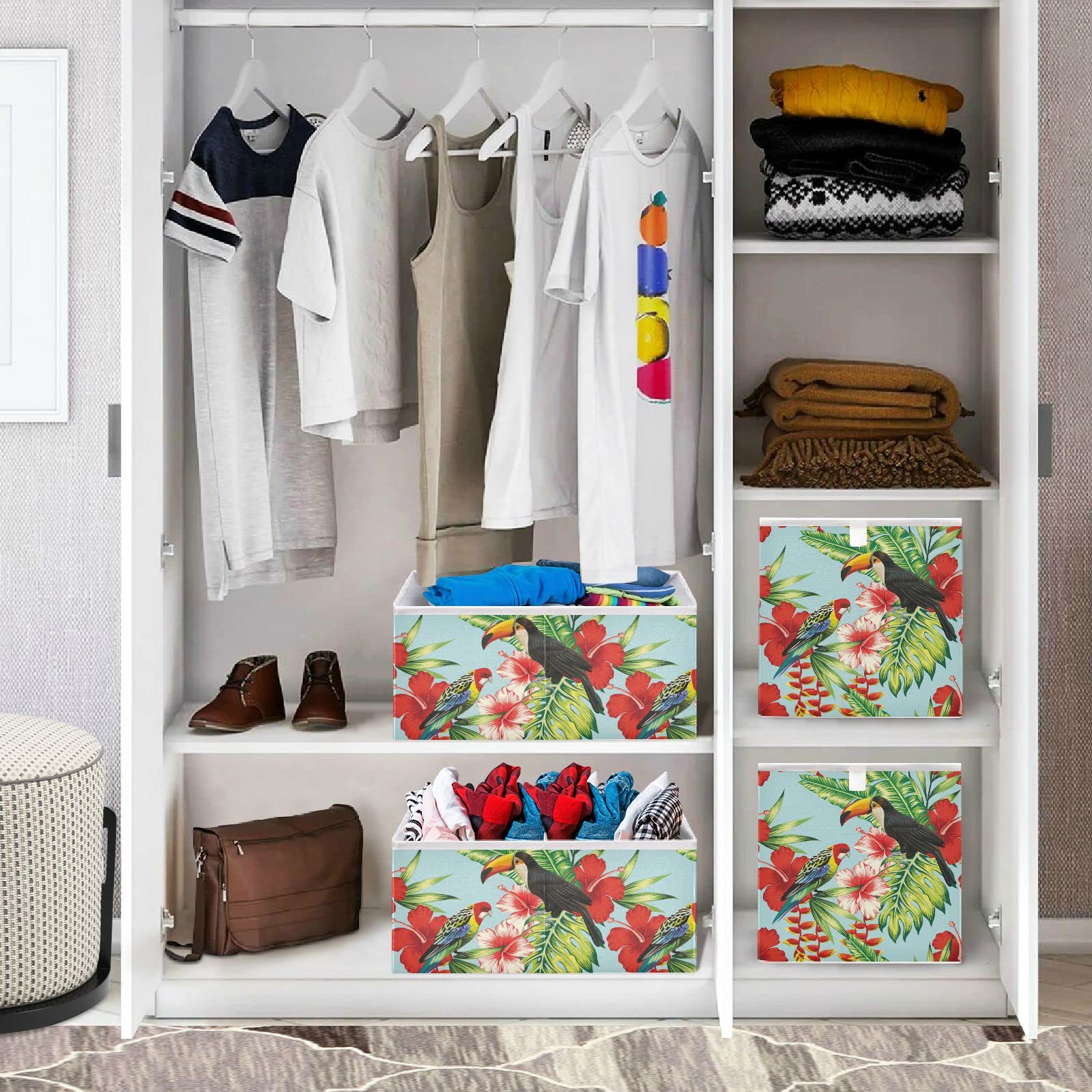 DOMIKING Foldable Fabric Storage Bins - 11 Inch Closet Organizers for Bedroom & Shelves | Toucan Parrot Design