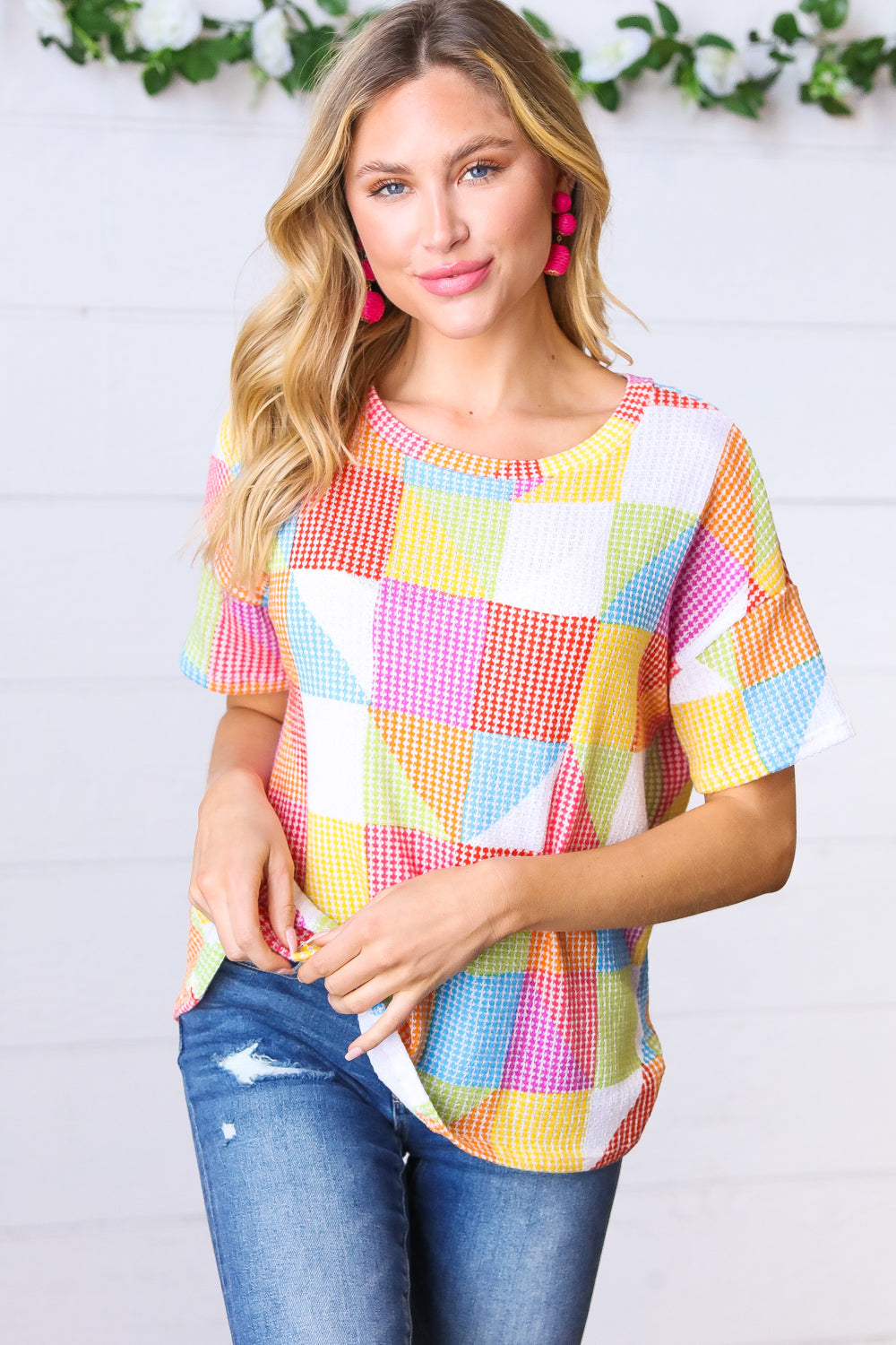 Stylish Multicolor Geometric Textured Knit Top for Women | Trendy Casual & Party Wear | Comfortable & Fashionable Blouse for Everyday Outfits