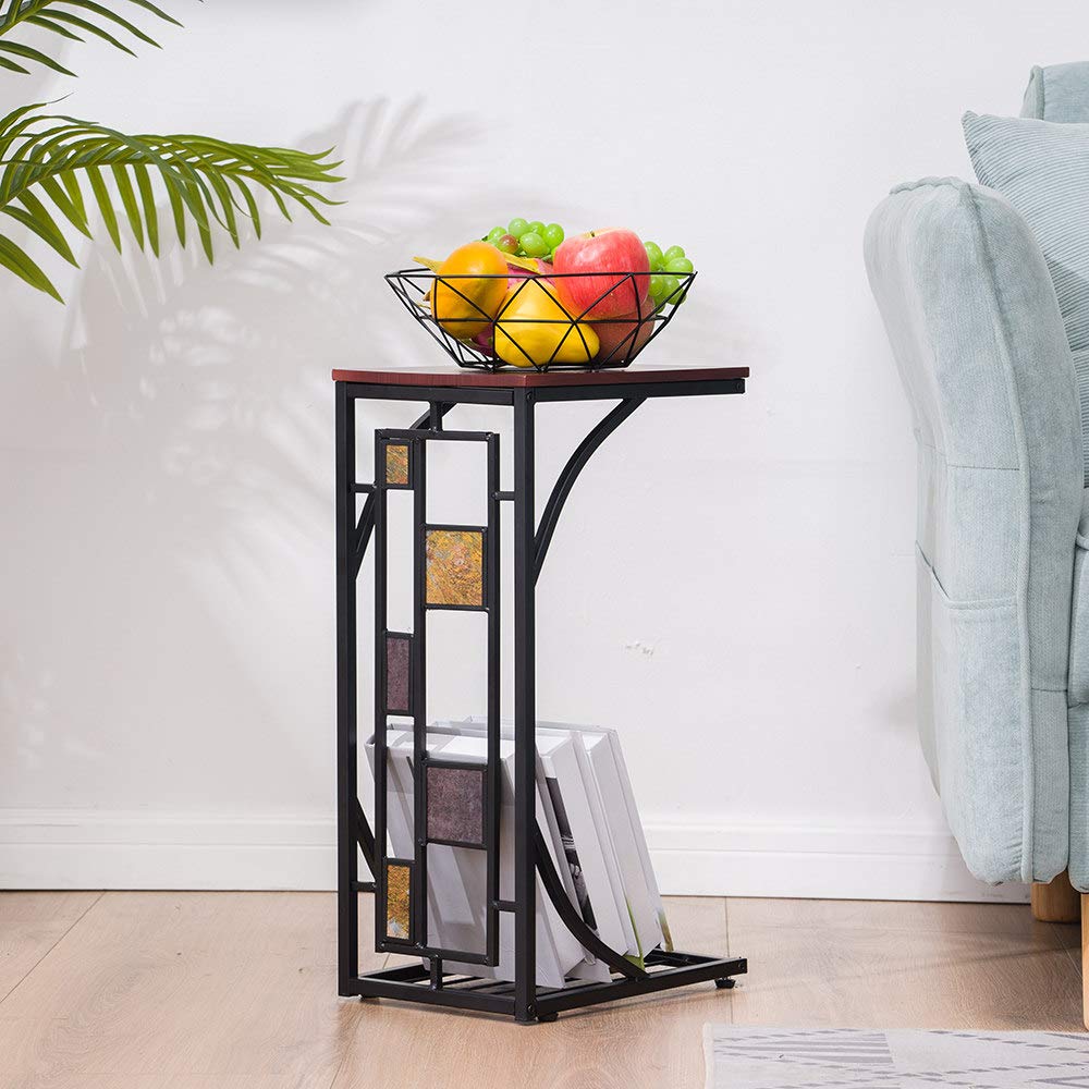 C-Shaped End Table with Wood Top - Sofa Side Table, Coffee & Snack Tray, Living Room Furniture for Couches - Brown | Perfect for Small Spaces, Reading Nooks & TV Snacking