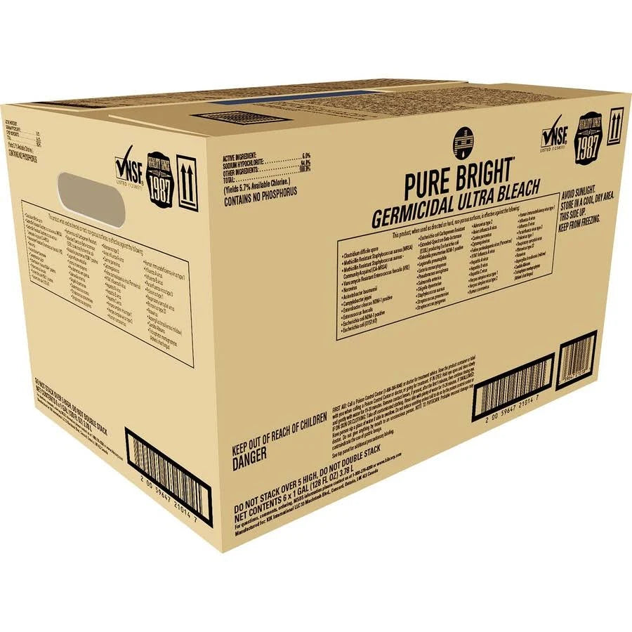 Pure Bright Liquid Bleach - 1 Gallon (6 Pack) | Concentrated Chlorine Bleach for Laundry, Disinfection & Stain Removal | Perfect for Household Cleaning, Whites Brightening & Sanitizing