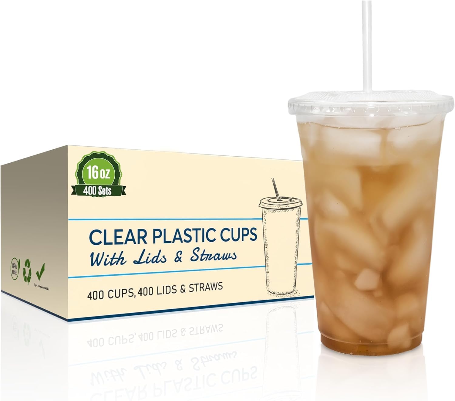 SafeWare Disposable 16oz Clear Plastic Cups with Flat Lids & Straws - 400 Sets (4 Boxes of 100) - Perfect for Parties, Picnics, BBQs, and Outdoor Events