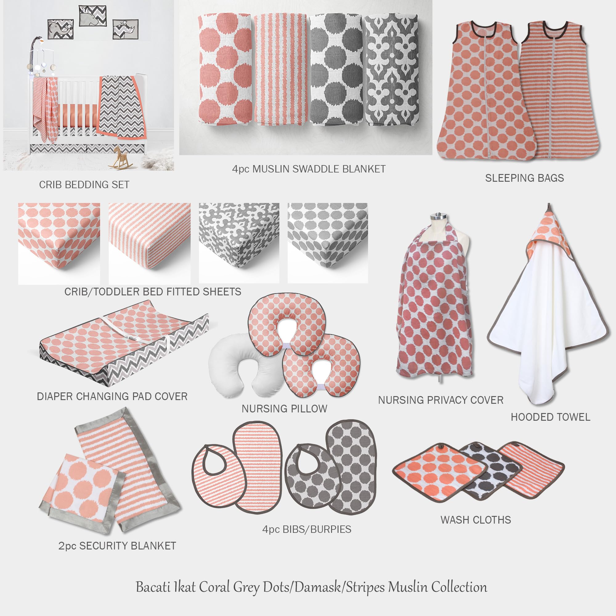 Bacati 2 Pack 100% Cotton Muslin Crib Sheets for Girls - Super Soft Breathable Baby Bedding Fits Standard 28x52x5 Crib & Toddler Mattresses (Ikat Stripes Coral) - Perfect for Nursery, Daycare & Travel