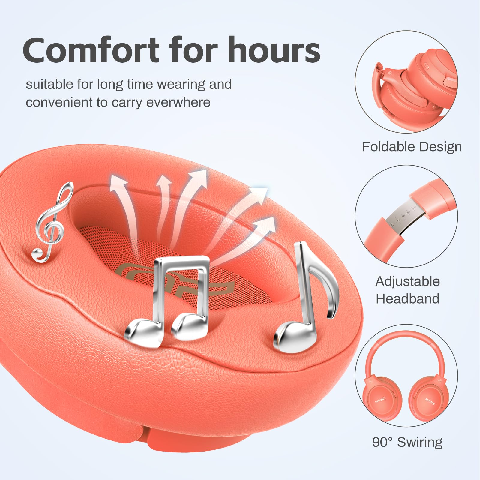 BERIBES Bluetooth Headphones Over Ear - 65H Playtime, 6 EQ Modes, HiFi Stereo with Mic - Foldable Lightweight Wireless Headset for Deep Bass (Orange Red) - Perfect for Home, Office, Gym & Travel