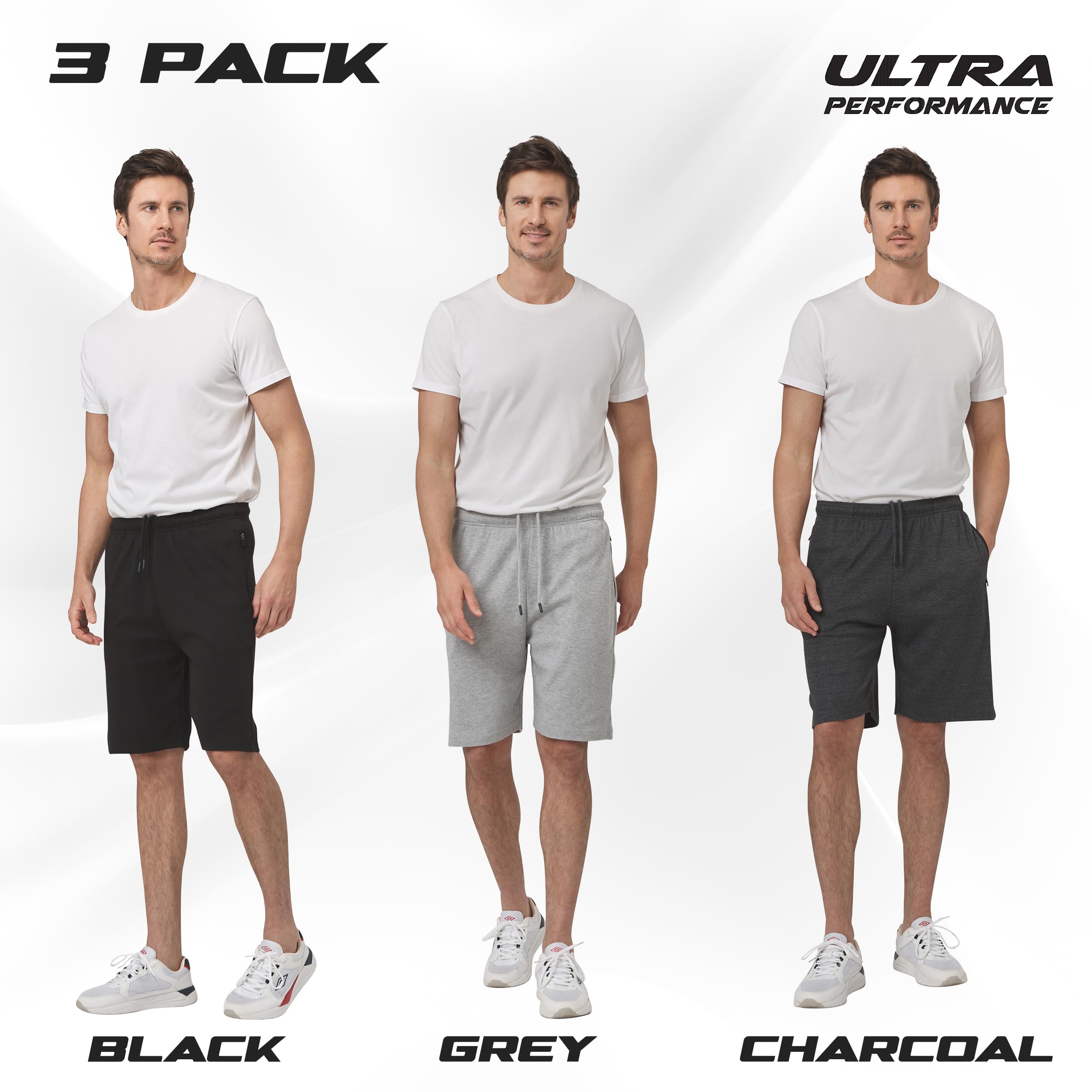 Ultra Performance 3 Pack Men's Athletic Shorts - Gym Workout Shorts with Zipper Pockets for Running, Training & Casual Wear (Sizes Small to 5X)