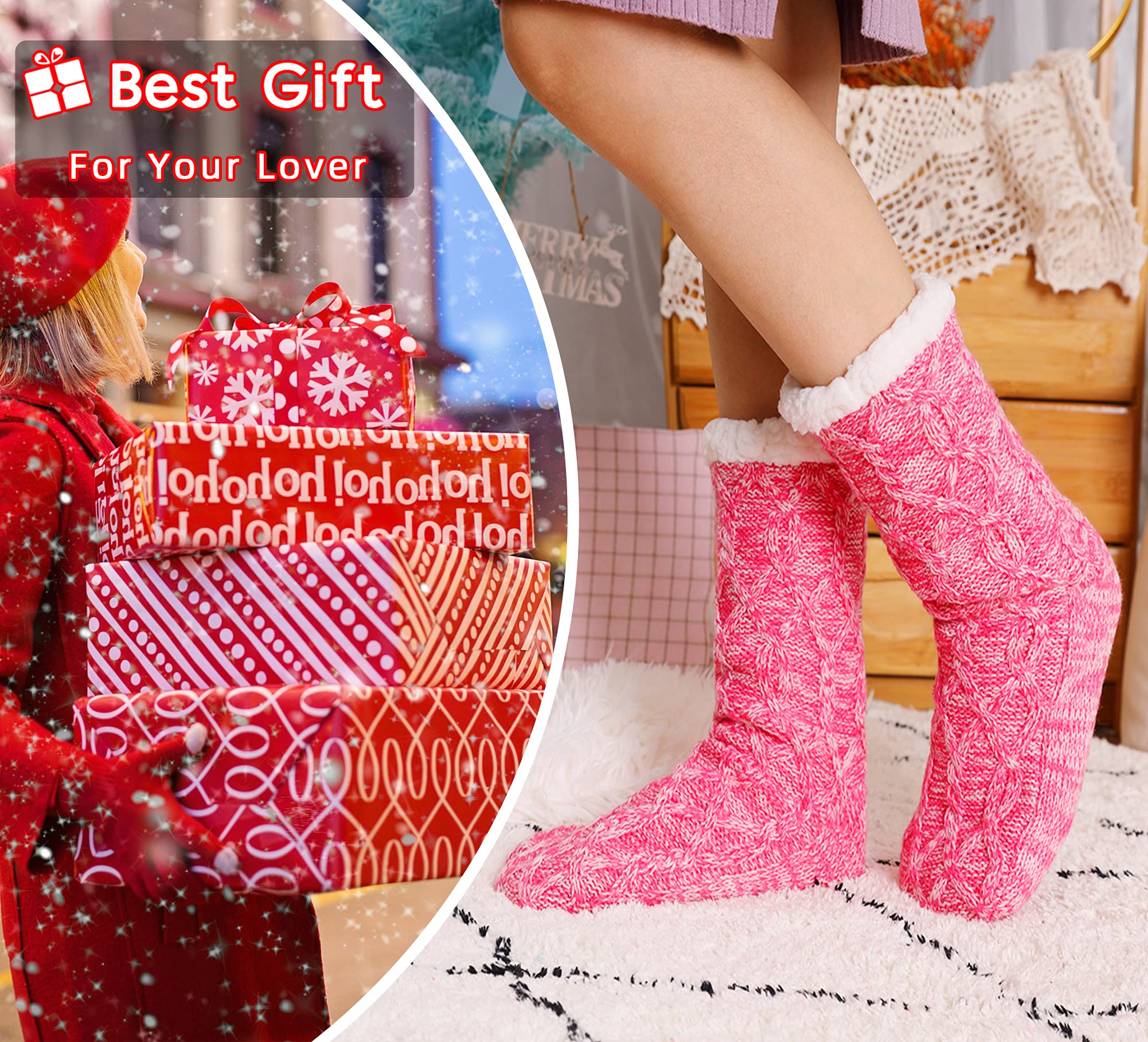 DoSmart Women's Fuzzy Slipper Socks - Winter Thermal Snowflake Fleece Lined Home Slippers - Cozy Warm Indoor House Socks for Christmas, Gift, Lounge & Relaxation