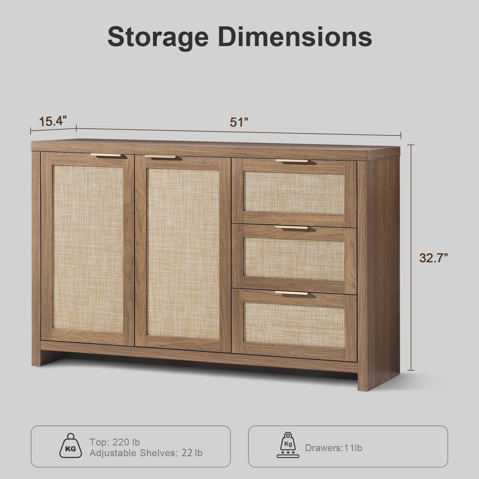 Hampstead 3-Drawer Rattan Storage Cabinet with 2 Doors & Adjustable Shelves - Sideboard Buffet Cabinet for Living Room, Dining Room & Bedroom Organization (Special Walnut Finish)