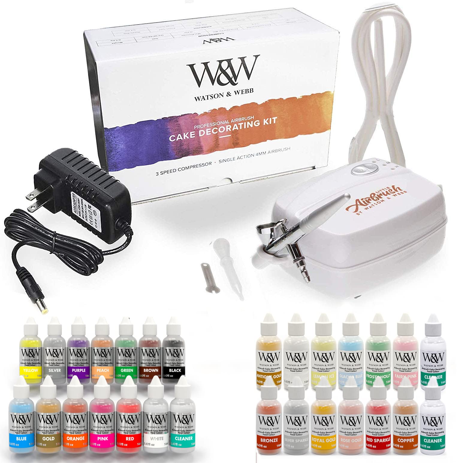 Watson & Webb Professional Airbrush Cake Decorating Kit - 28 Colors (14 Standard & 14 Lustre) with Airbrush Gun & Accessories - Perfect for Birthday Cakes, Wedding Desserts & Baking Decoration