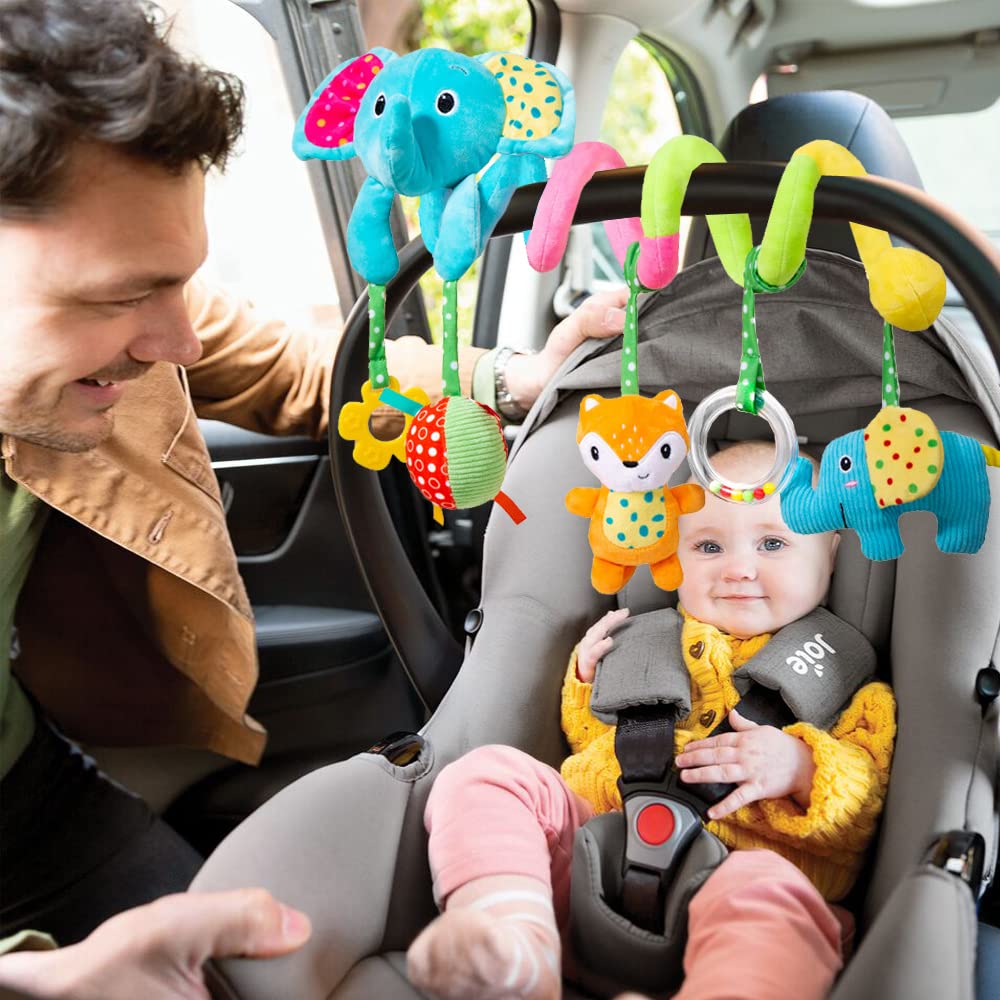 Soft Spiral Hanging Toys for Car Seat & Stroller - Plush Baby Toys with Squeaker & Rattle for 0-12 Months | Crib, Bassinet & Mobile Decor | Perfect for Newborns & Infants During Travel & Playtime