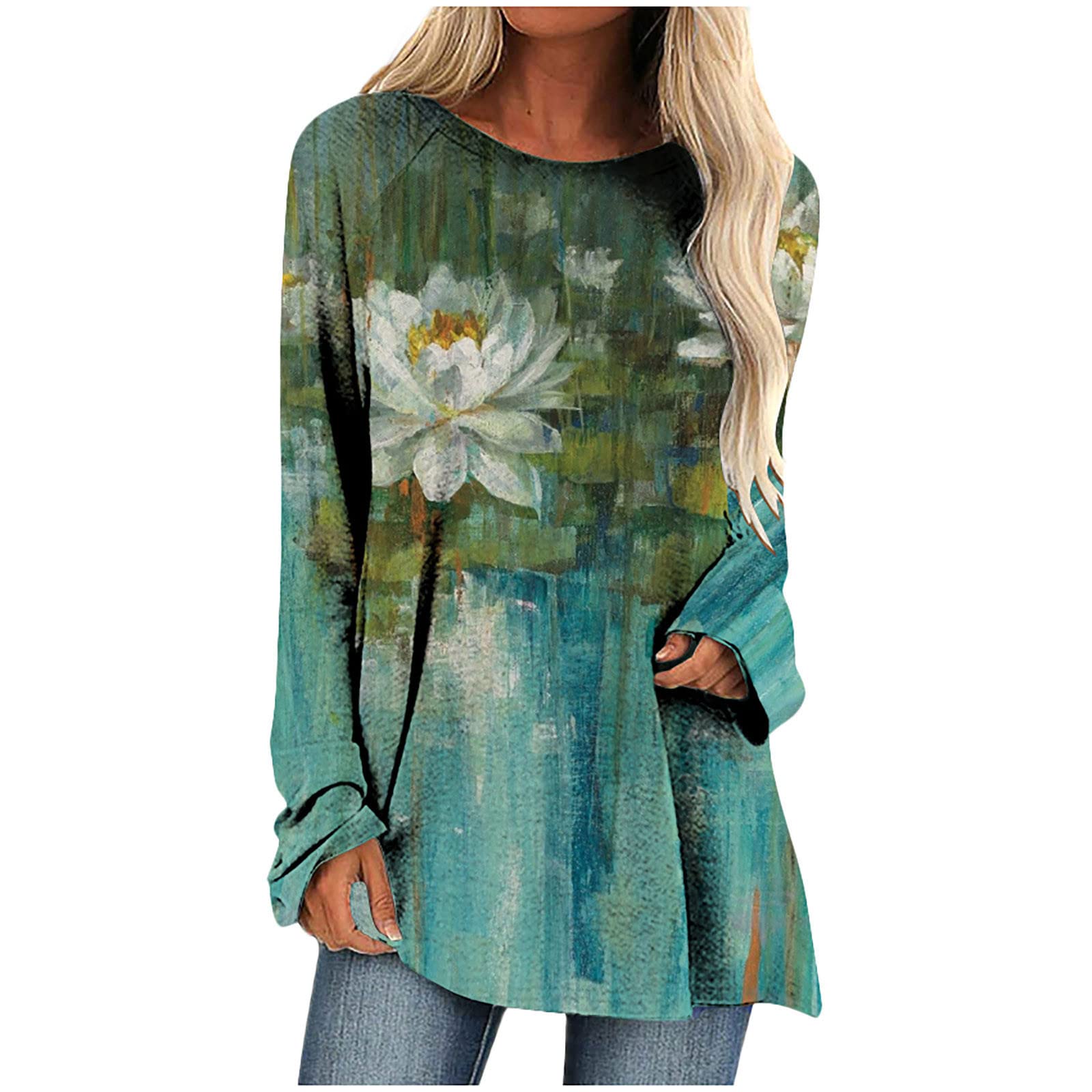 2023 Women's Floral Printed Long Sleeve Tops - Casual Loose Fit Crewneck Blouse for Spring | Lightweight Comfortable Shirts for Work, Dating & Everyday Wear