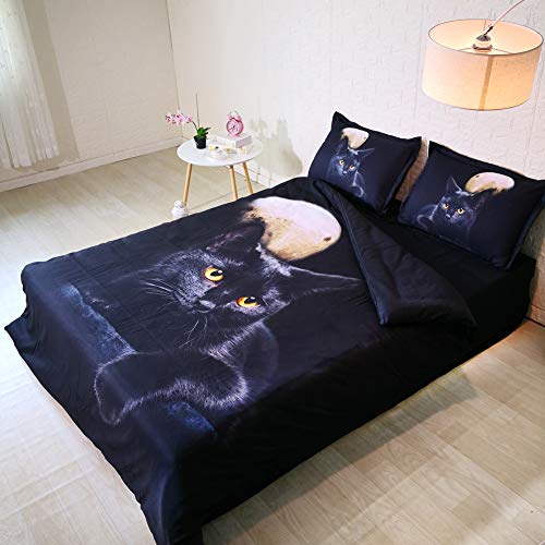 3D Black Cat Under Full Moon Bedding Set - 3 Piece Funny Cat Series (Queen Size) | Royal Linen Source | Perfect for Cat Lovers & Halloween Decor