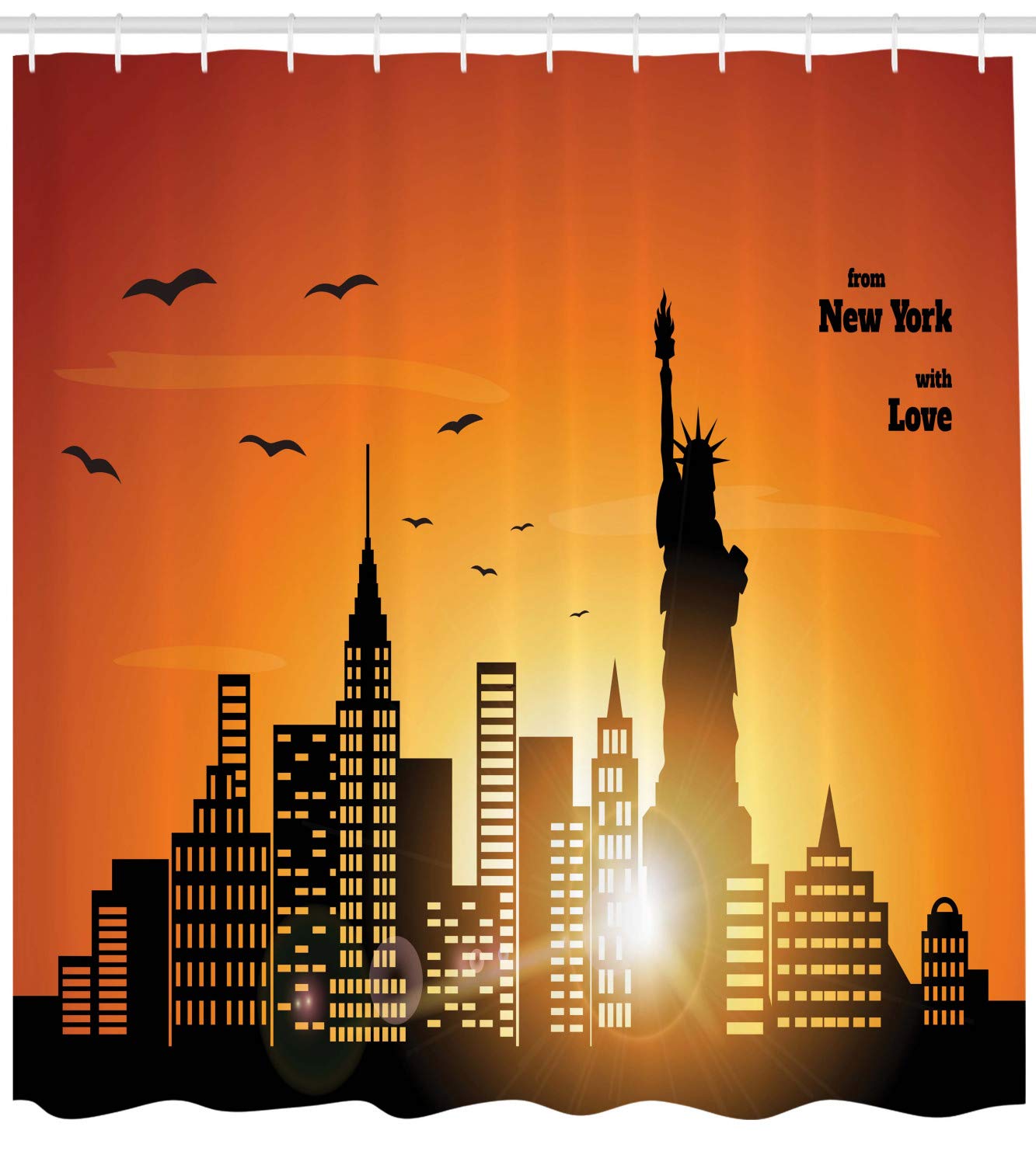 Ambesonne NYC Themed Shower Curtain - New York Skyline with Love Calligraphy Sunset Design, 69x70 Inch Fabric Bathroom Decor Set with Hooks, Burnt Orange & Dark Grey - Perfect for Urban Chic Bathrooms & NYC-Themed Home Decor