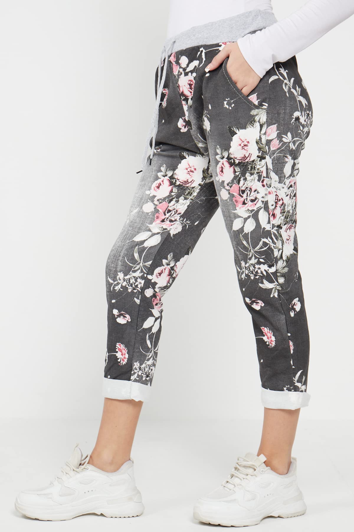 Women's Floral Print Denim Joggers - High Waisted Casual Sweatpants for Summer | Italian Gym Pants for Women | Plus Size 6-20 | Perfect for Yoga, Running & Streetwear Fashion