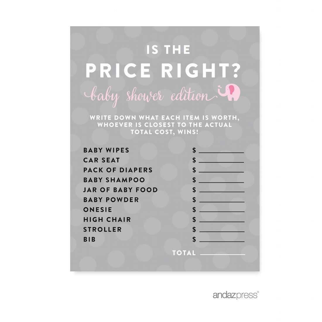 Andaz Press Girl Elephant Baby Shower Party Set - 20-Pack Game Cards, Decorations & Activities for Baby Shower Games (Perfect for Gender Reveal & Nursery Decor)