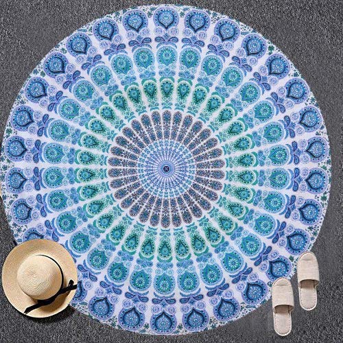 Blue Turquoise Cotton Mandala Round Tapestry - Indian Boho Beach Throw, Yoga Mat, Picnic Blanket & Table Cover for Hippie Decor, Meditation & Outdoor Gatherings