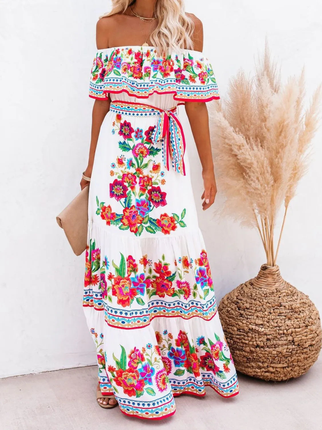 Floral Off Shoulder Ruffle Maxi Dress for Women - Beach Wedding Resort Party Wear - Perfect for Summer Vacations, Tropical Getaways & Boho Photoshoots