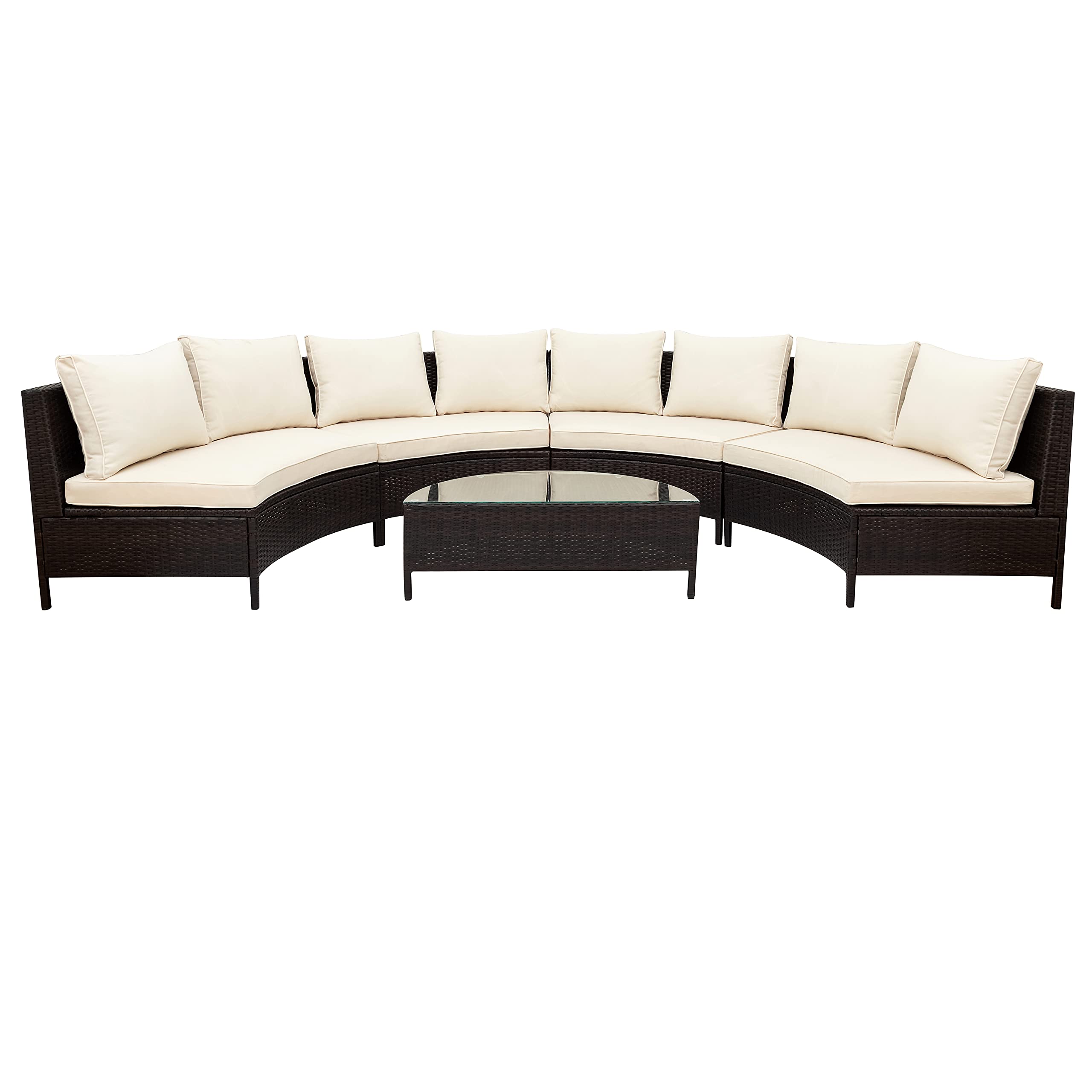 5-Piece Half Moon Patio Sectional Sofa Set - All-Weather PE Rattan Wicker Outdoor Furniture with Pillows, Cushions & Tempered Glass Table - Perfect for Backyard, Garden, and Poolside Relaxation