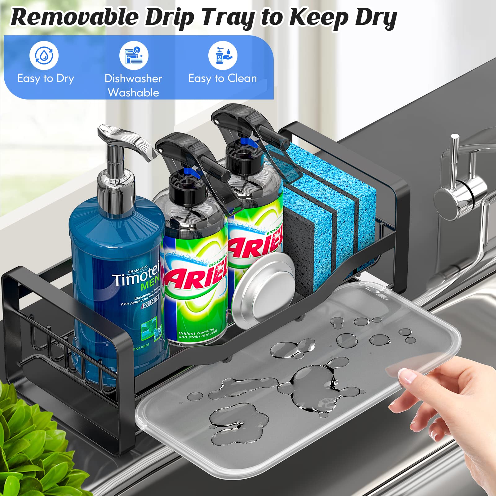 Kitchen Sink Organizer with Sponge Holder, Soap Dispenser & Removable Drain Tray - Countertop Caddy for Efficient Kitchen Cleaning & Storage