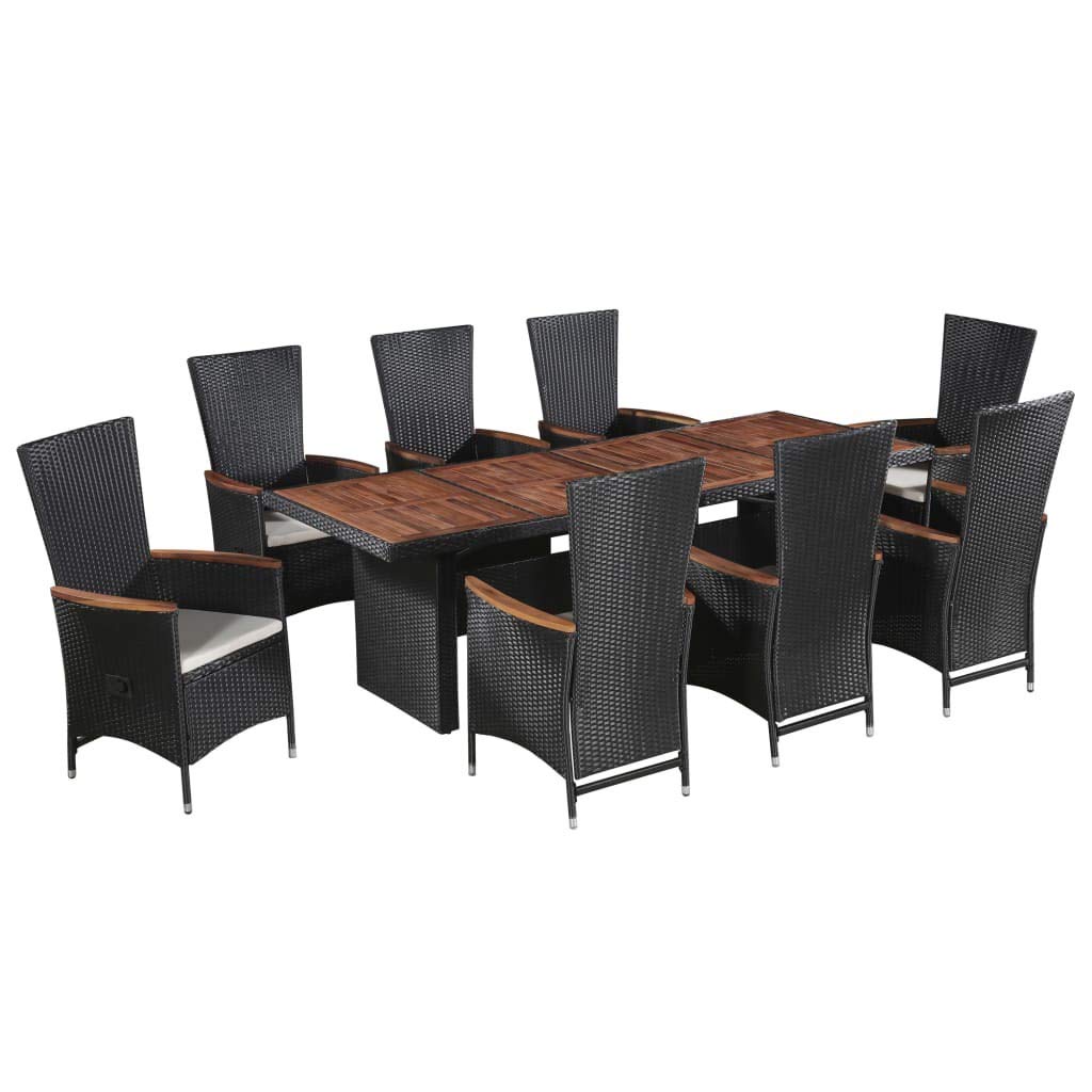 vidaXL 9-Piece Patio Dining Set with Wood Tabletop & Rattan Chairs with Cushions - Black Poly Rattan Outdoor Furniture for Garden, Backyard, and Poolside Dining